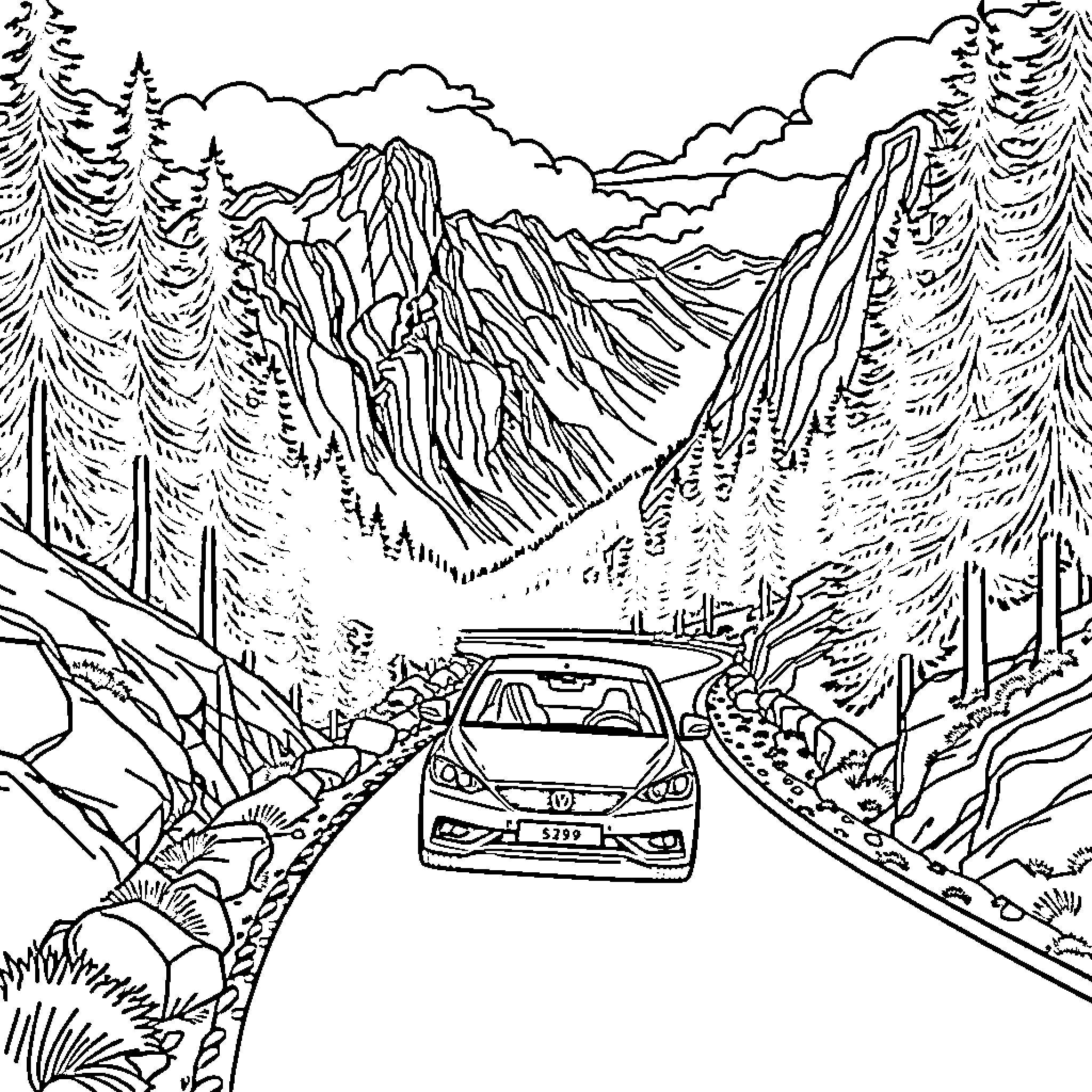 Car driving through scenic mountain landscape Coloring Page (free black-and-white line drawing printable PDF for all, from beginners to advanced learners, including children, teens, adults, and seniors)