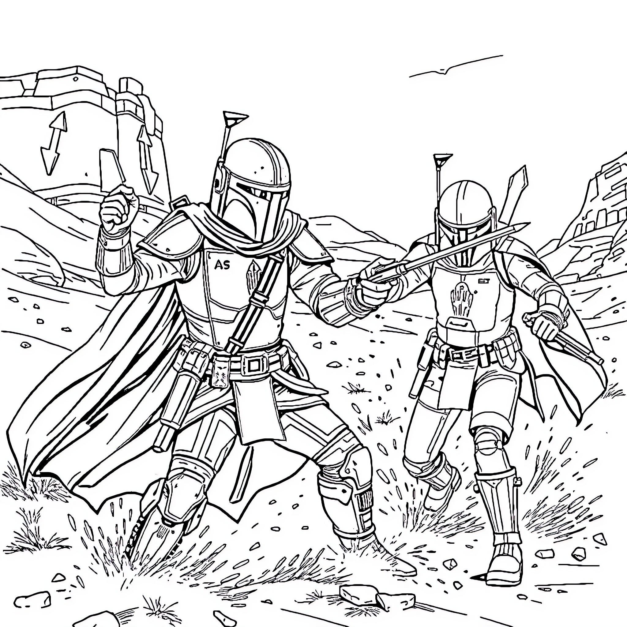 Mandalorian warriors in action-packed combat Coloring Page (free black-and-white line drawing printable PDF for all, from beginners to advanced learners, including children, teens, adults, and seniors)
