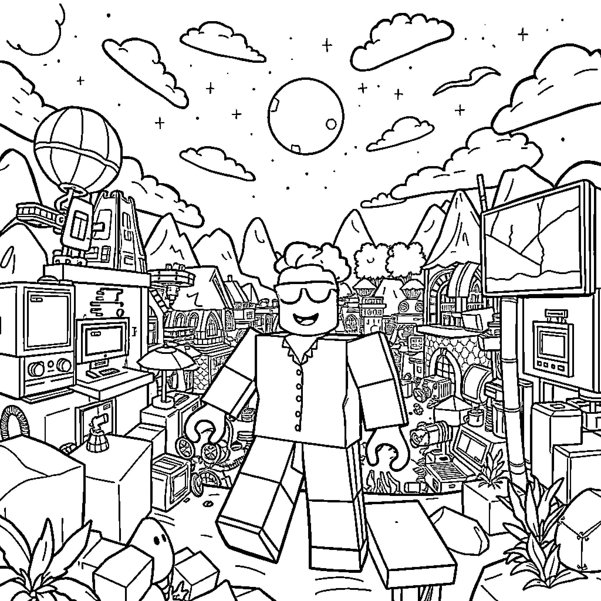 Roblox character exploring a vibrant fantasy world Coloring Page (free black-and-white line drawing printable PDF for all, from beginners to advanced learners, including children, teens, adults, and seniors)
