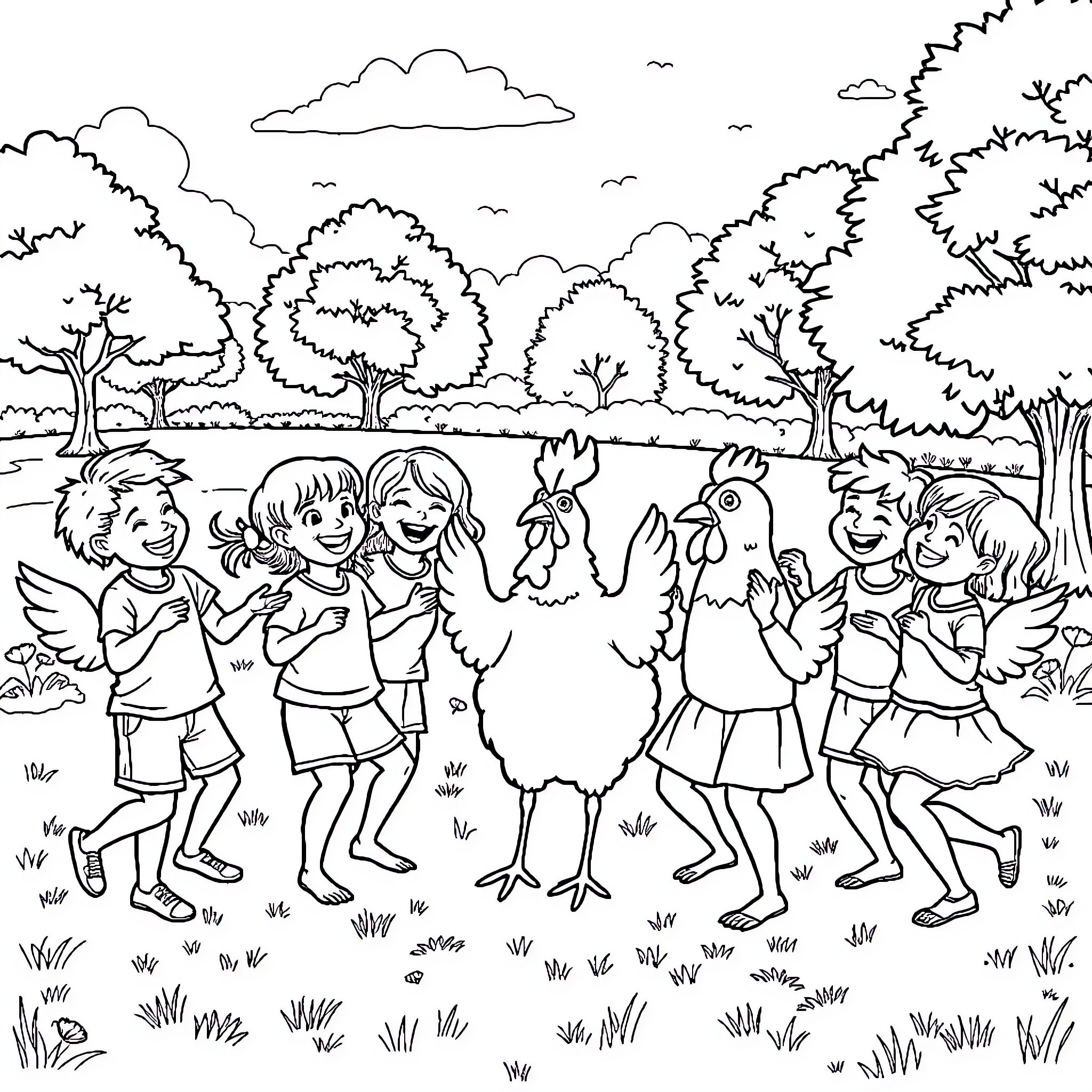Child group playing with farm animals in the meadow Coloring Page (free black-and-white line drawing printable PDF for all, from beginners to advanced learners, including children, teens, adults, and seniors)