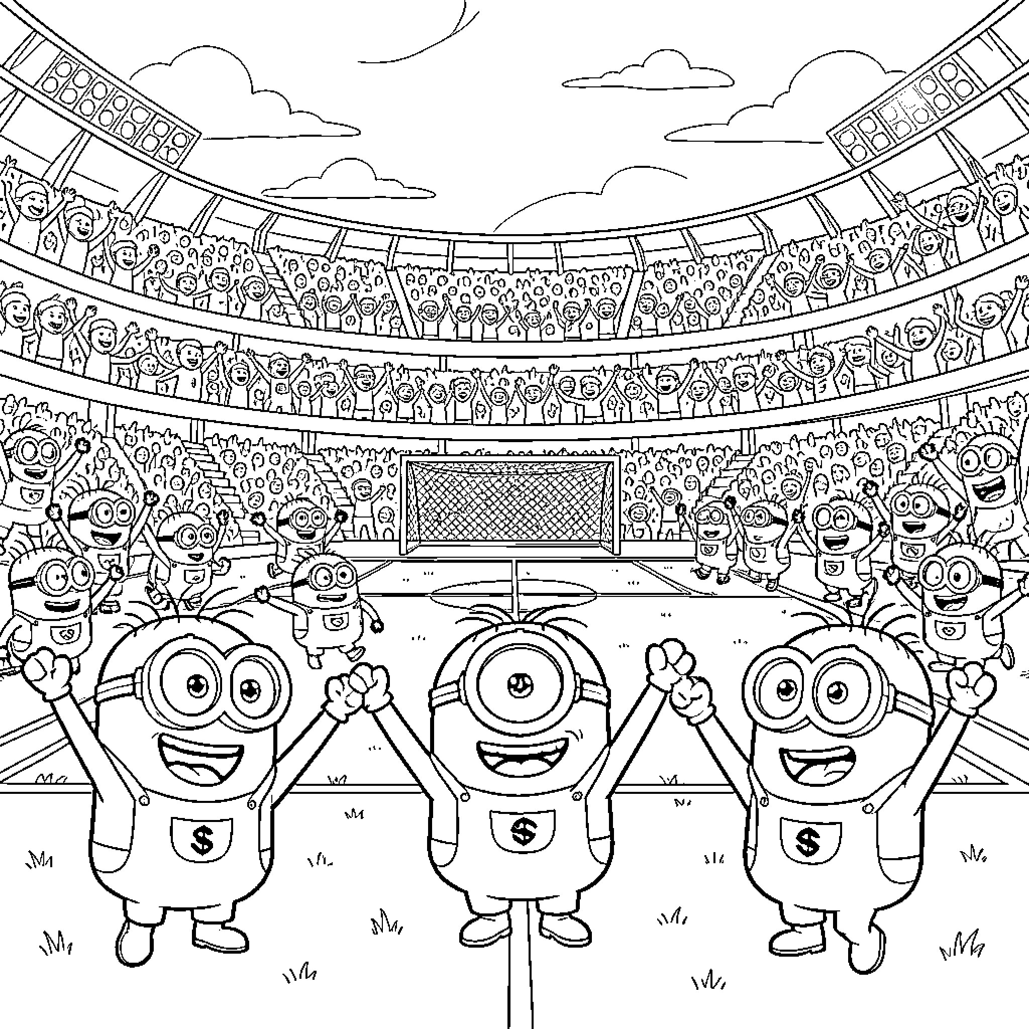 Minions celebrating a victory in a crowded stadium Coloring Page (free black-and-white line drawing printable PDF for all, from beginners to advanced learners, including children, teens, adults, and seniors)