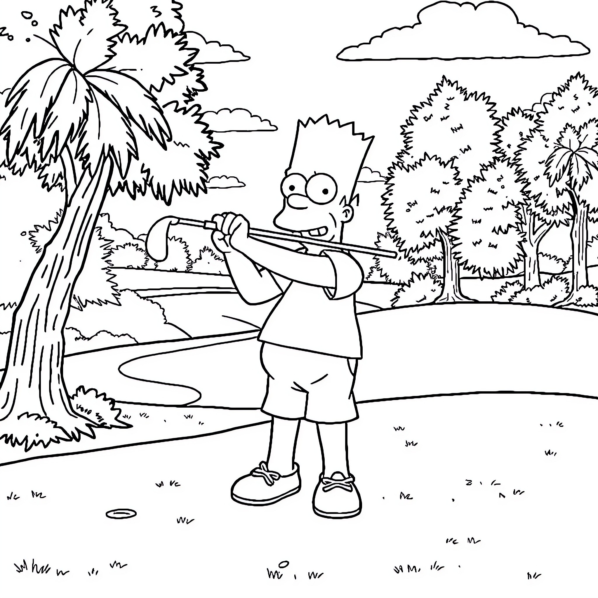 Bart Simpson enjoying the outdoors Coloring Page (free black-and-white line drawing printable PDF for all, from beginners to advanced learners, including children, teens, adults, and seniors)