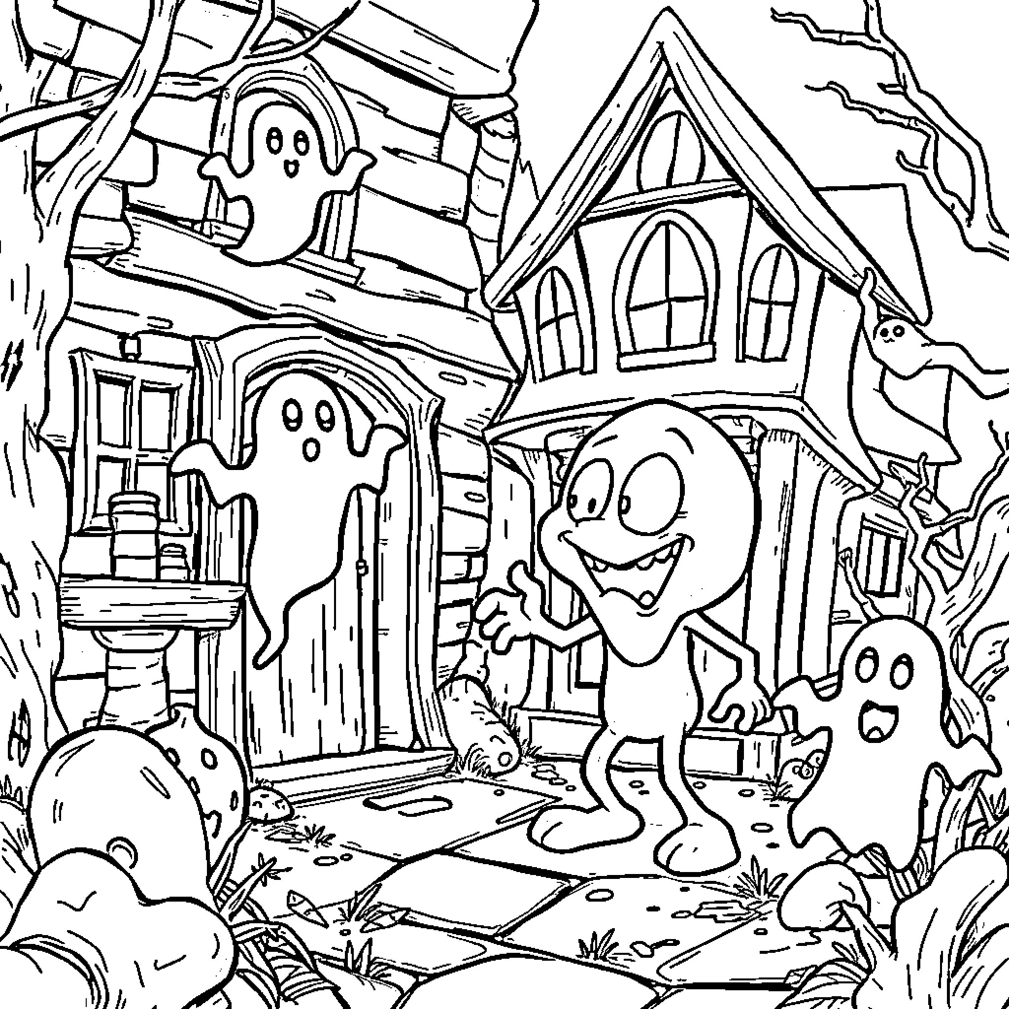Gooigi exploring a spooky haunted house Coloring Page (free black-and-white line drawing printable PDF for all, from beginners to advanced learners, including children, teens, adults, and seniors)