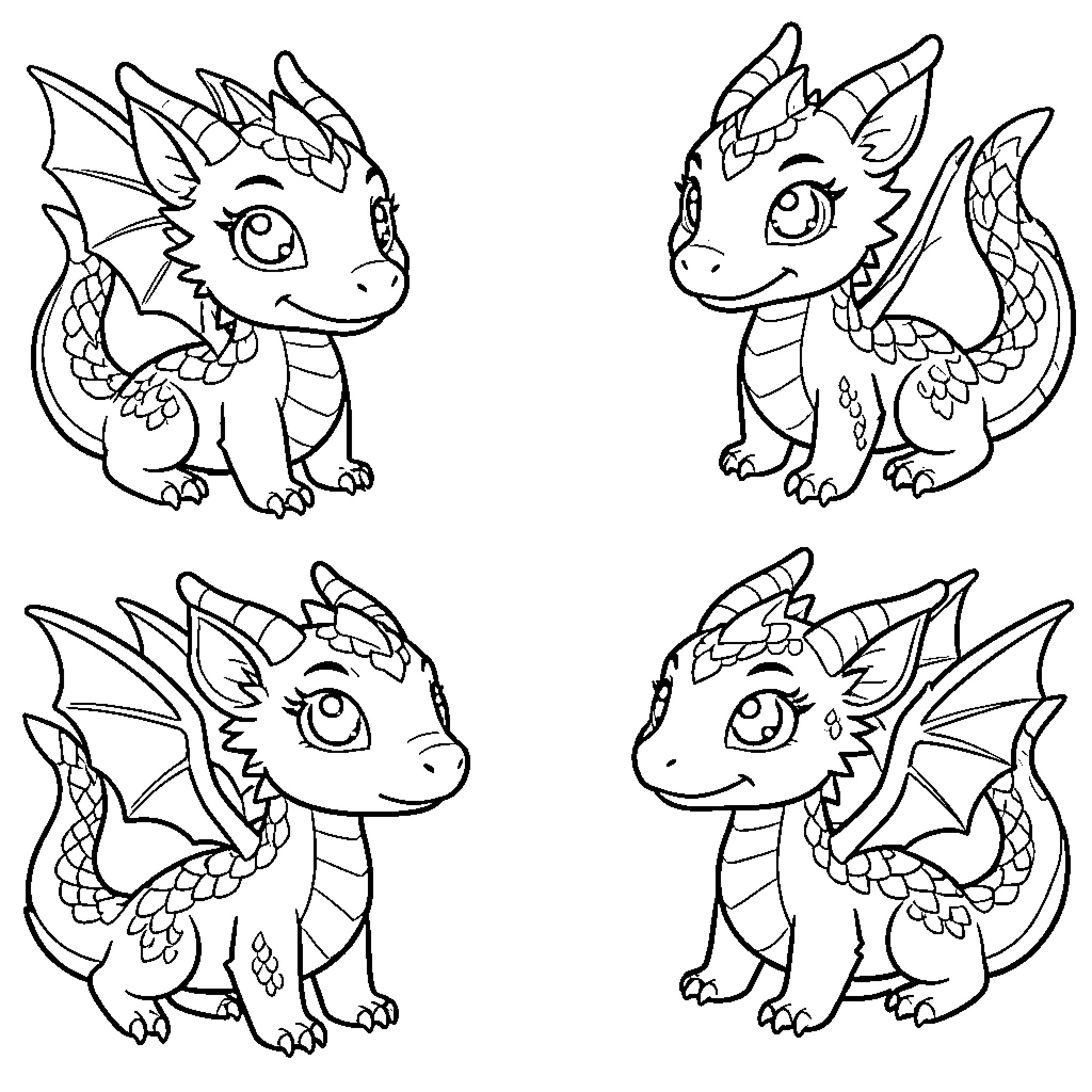 Dragon friends playing together happily Coloring Page (free black-and-white line drawing printable PDF for all, from beginners to advanced learners, including children, teens, adults, and seniors)