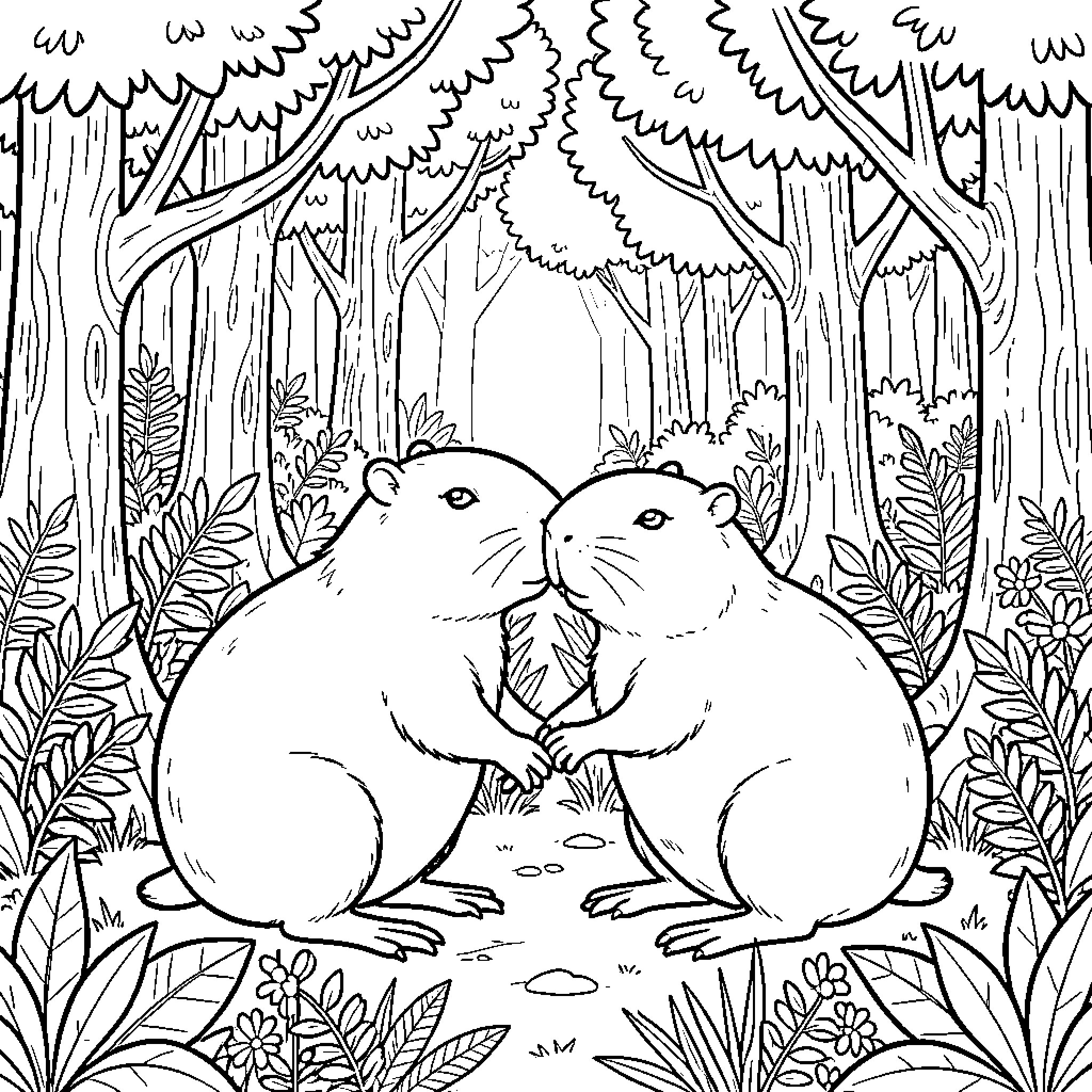 Capybara couple in the enchanted forest Coloring Page (free black-and-white line drawing printable PDF for all, from beginners to advanced learners, including children, teens, adults, and seniors)