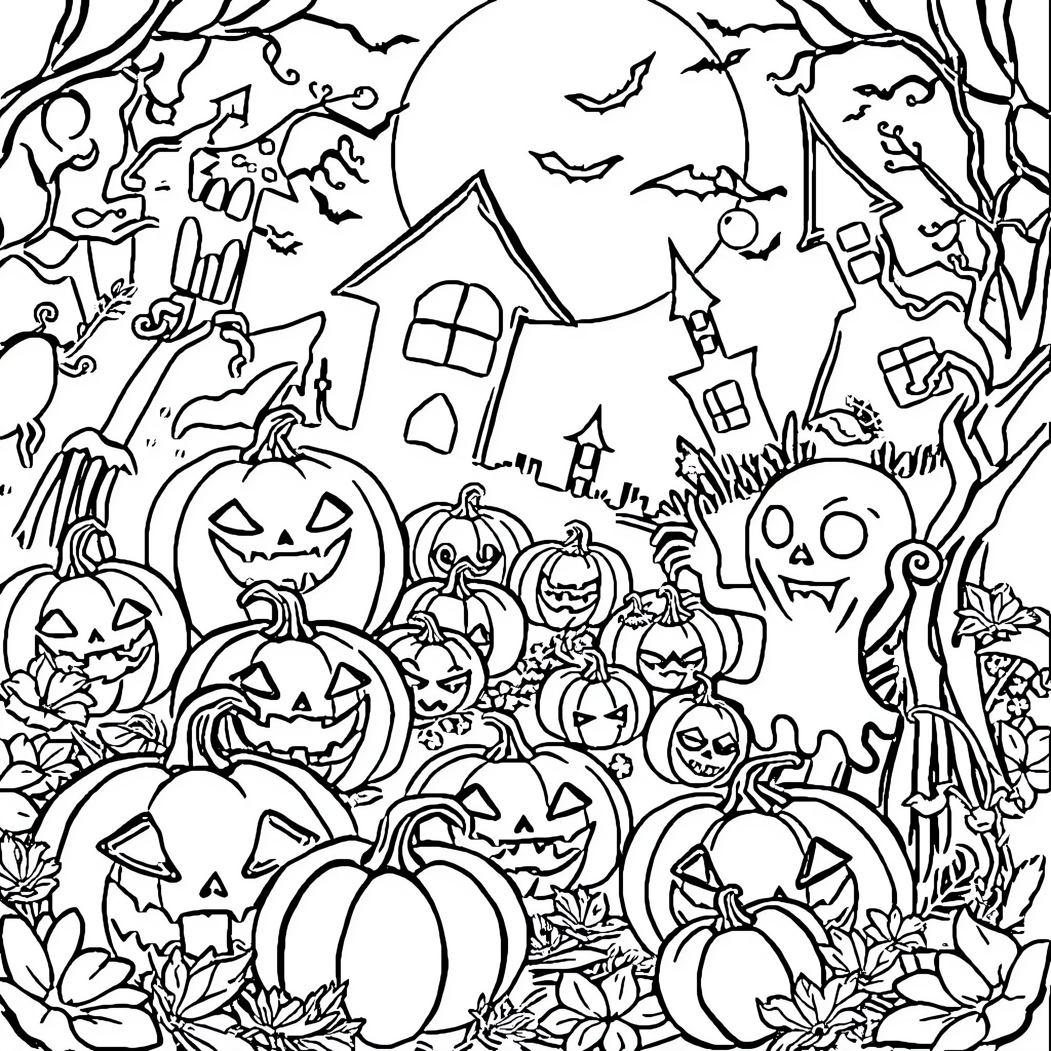 Halloween haunted house with pumpkins and bats Coloring Page (free black-and-white line drawing printable PDF for all, from beginners to advanced learners, including children, teens, adults, and seniors)