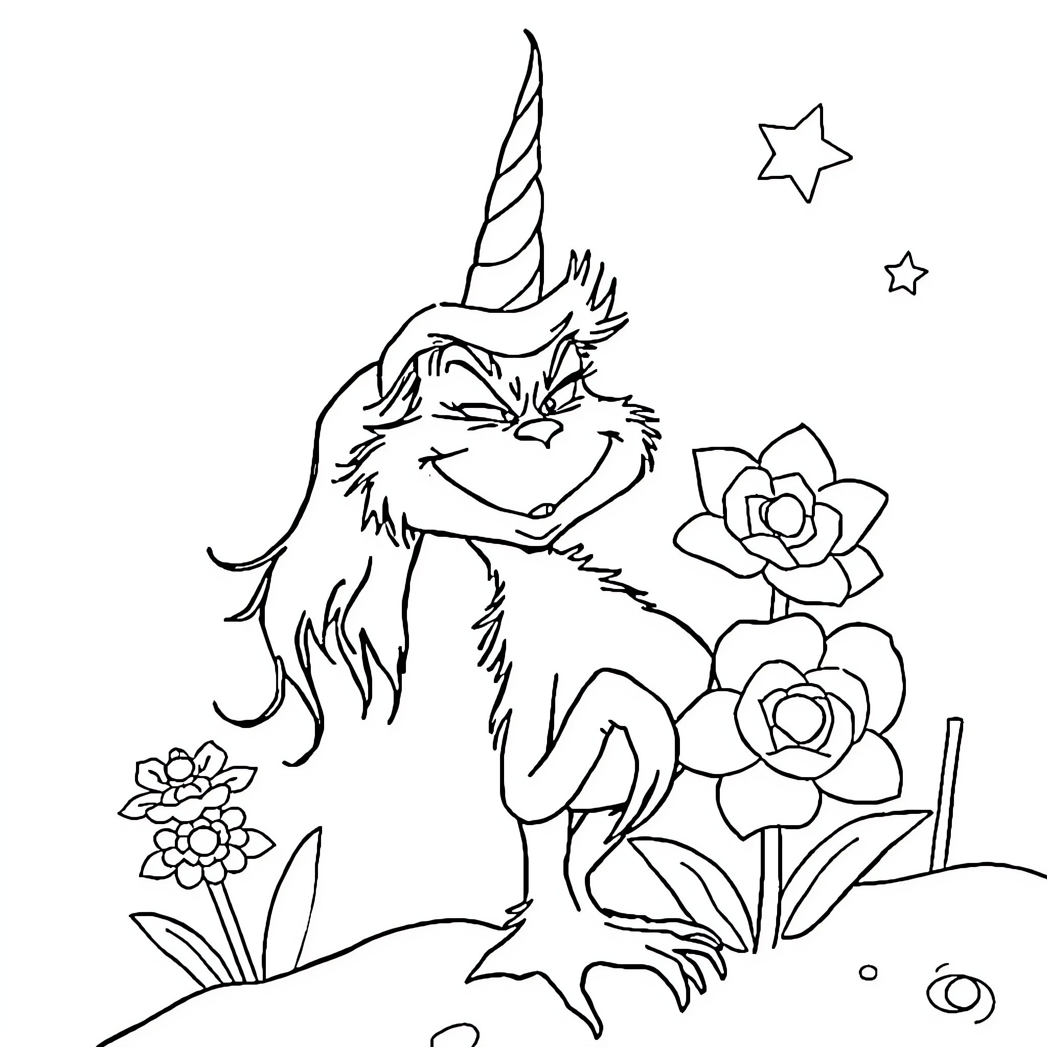 Grinch enjoying flowers under starry night Coloring Page (free black-and-white line drawing printable PDF for all, from beginners to advanced learners, including children, teens, adults, and seniors)