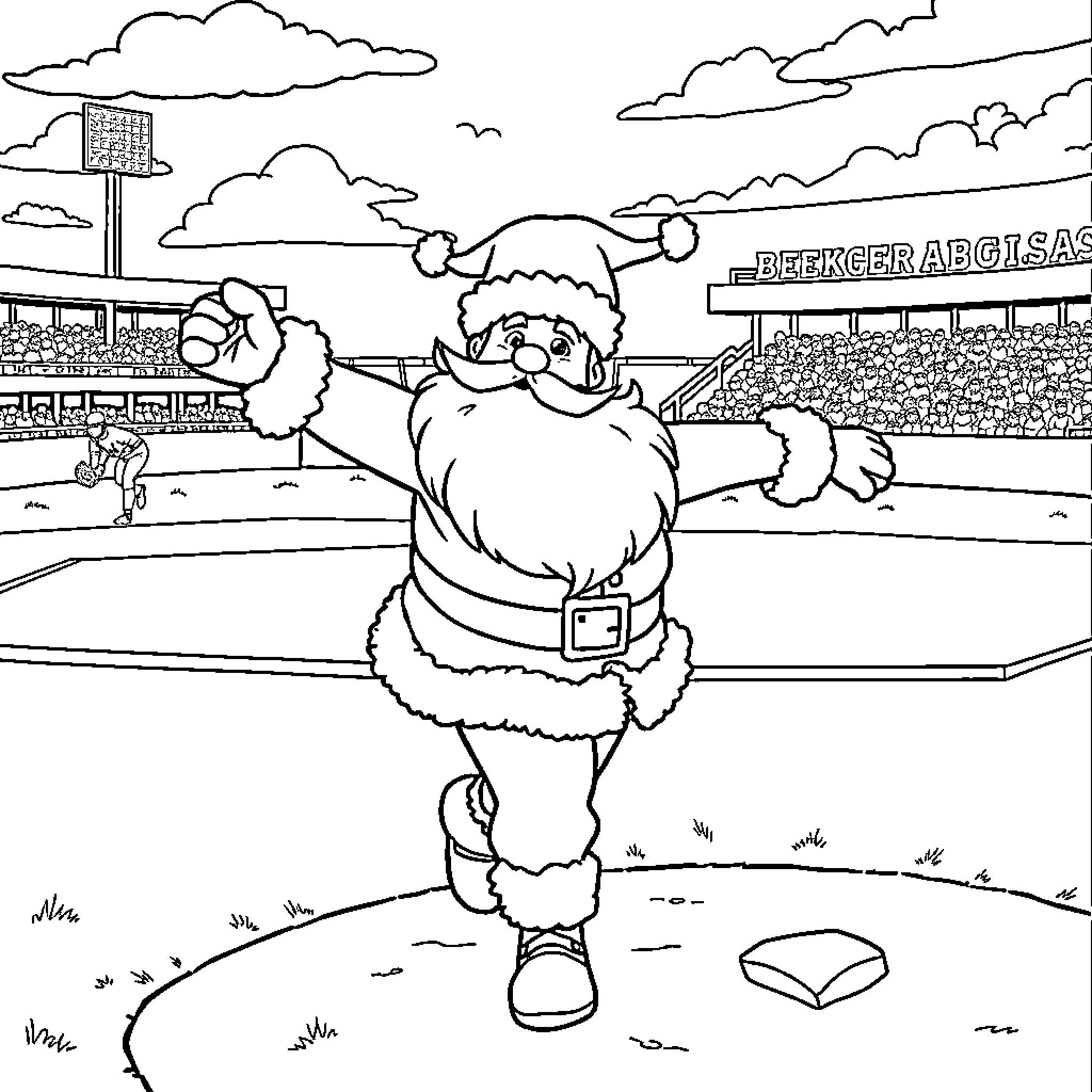 Santa Claus running on the field Coloring Page (free black-and-white line drawing printable PDF for all, from beginners to advanced learners, including children, teens, adults, and seniors)