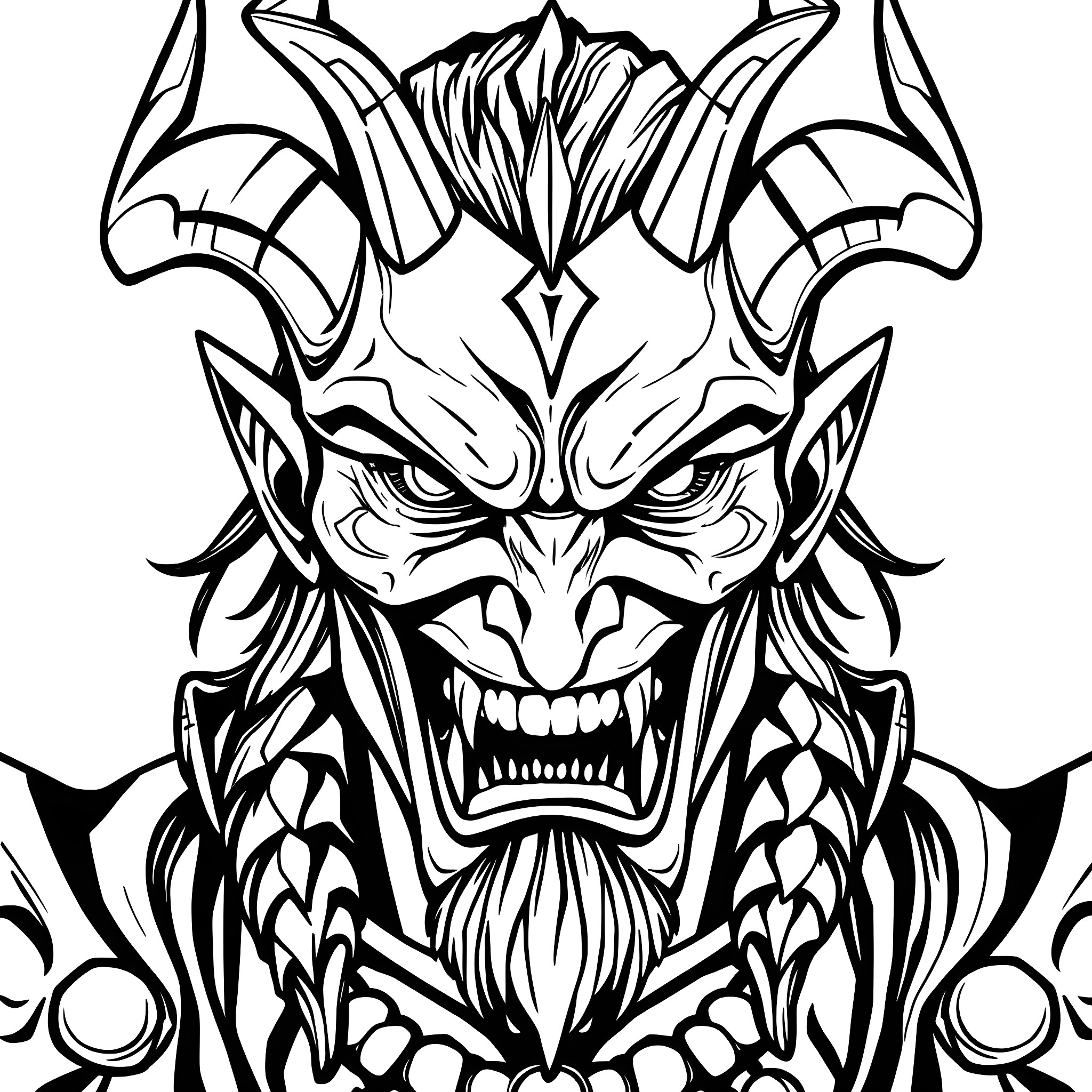 Illidan's Demonic Visage of Fury Coloring Page (free black-and-white line drawing printable PDF for all, from beginners to advanced learners, including children, teens, adults, and seniors)