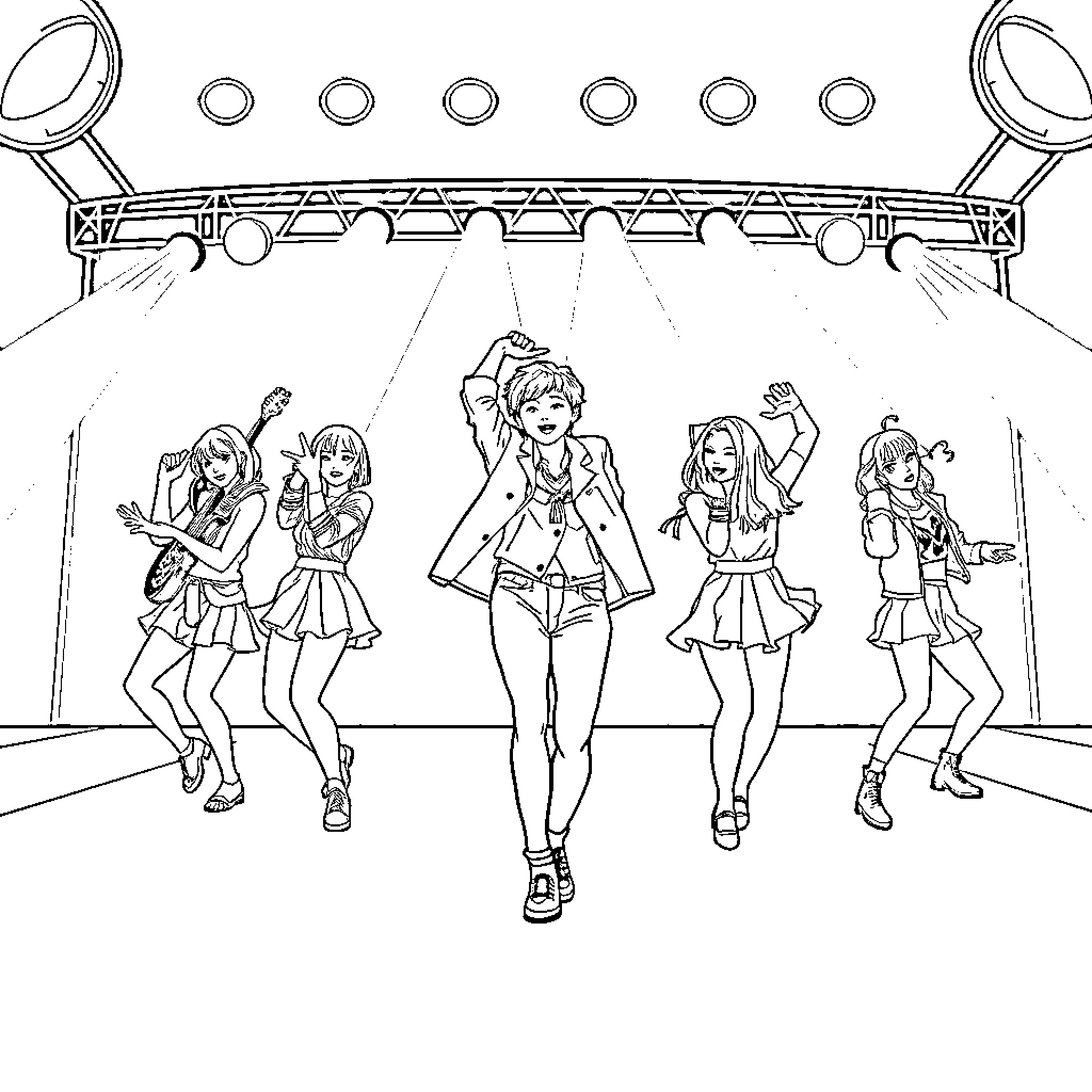Kpop girl group performing lively dance on stage Coloring Page (free black-and-white line drawing printable PDF for all, from beginners to advanced learners, including children, teens, adults, and seniors)