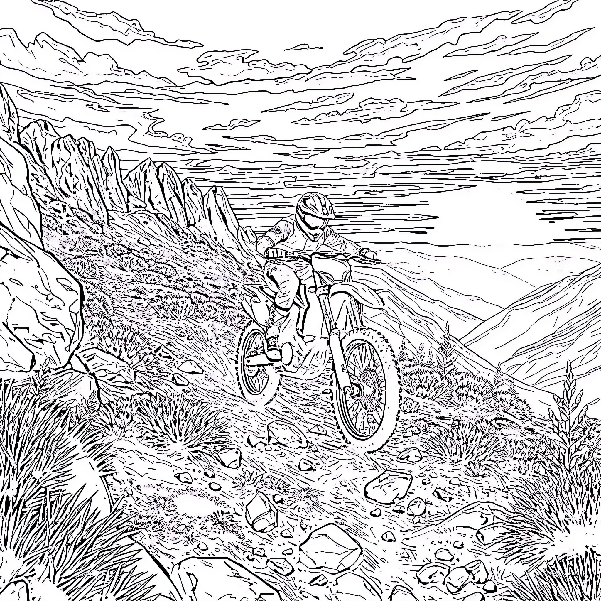 Motocross Rider Navigating Rugged Terrain Coloring Page (free black-and-white line drawing printable PDF for all, from beginners to advanced learners, including children, teens, adults, and seniors)