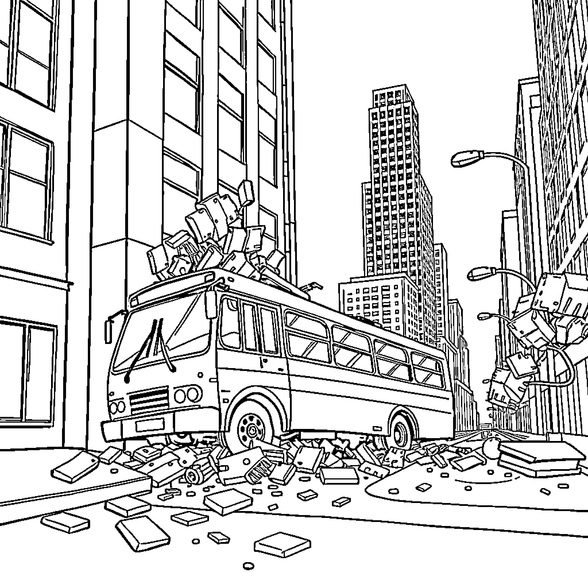Bus Crash on Busy City Street Coloring Page (free black-and-white line drawing printable PDF for all, from beginners to advanced learners, including children, teens, adults, and seniors)