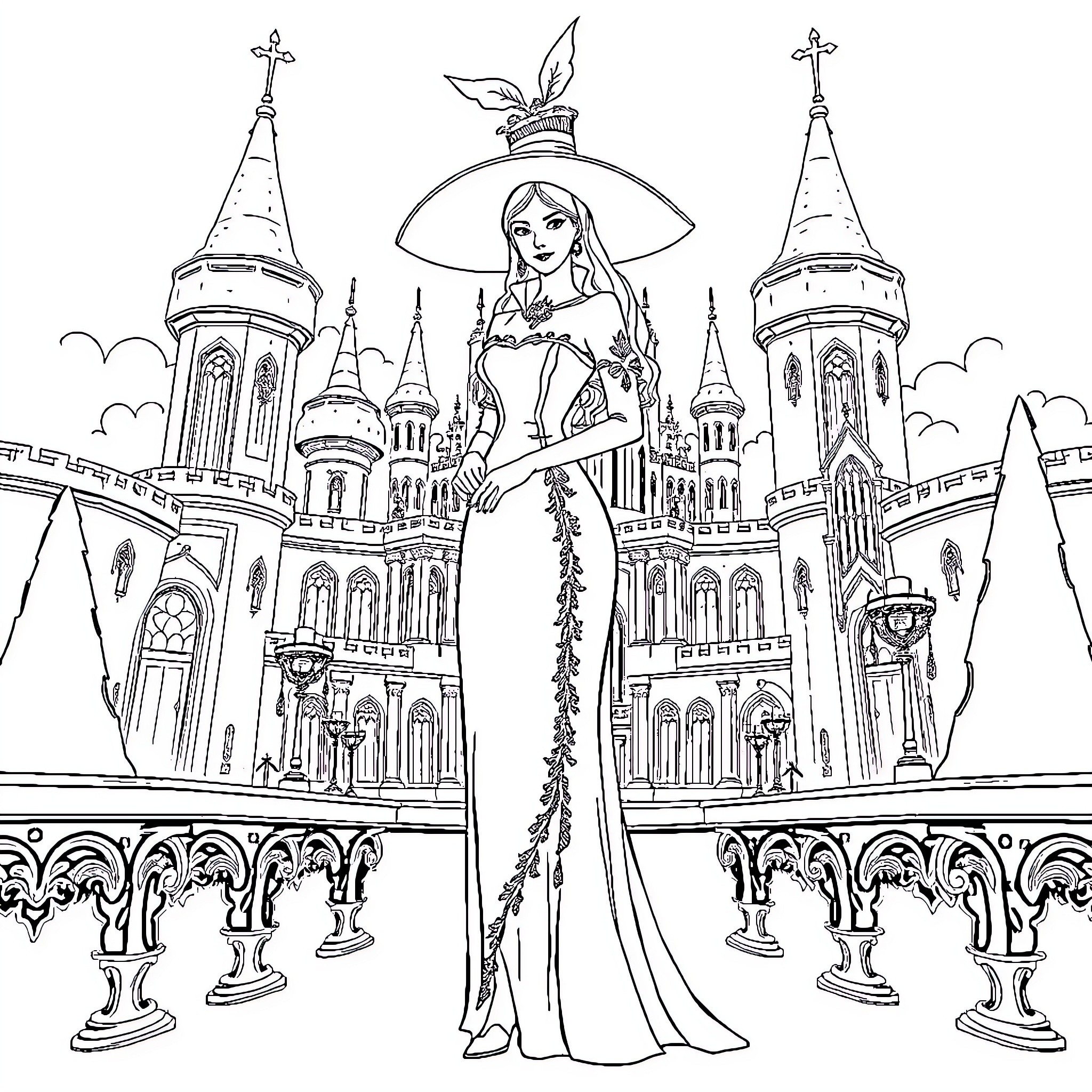 Lady Dimitrescu posing elegantly in a grand castle Coloring Page (free black-and-white line drawing printable PDF for all, from beginners to advanced learners, including children, teens, adults, and seniors)