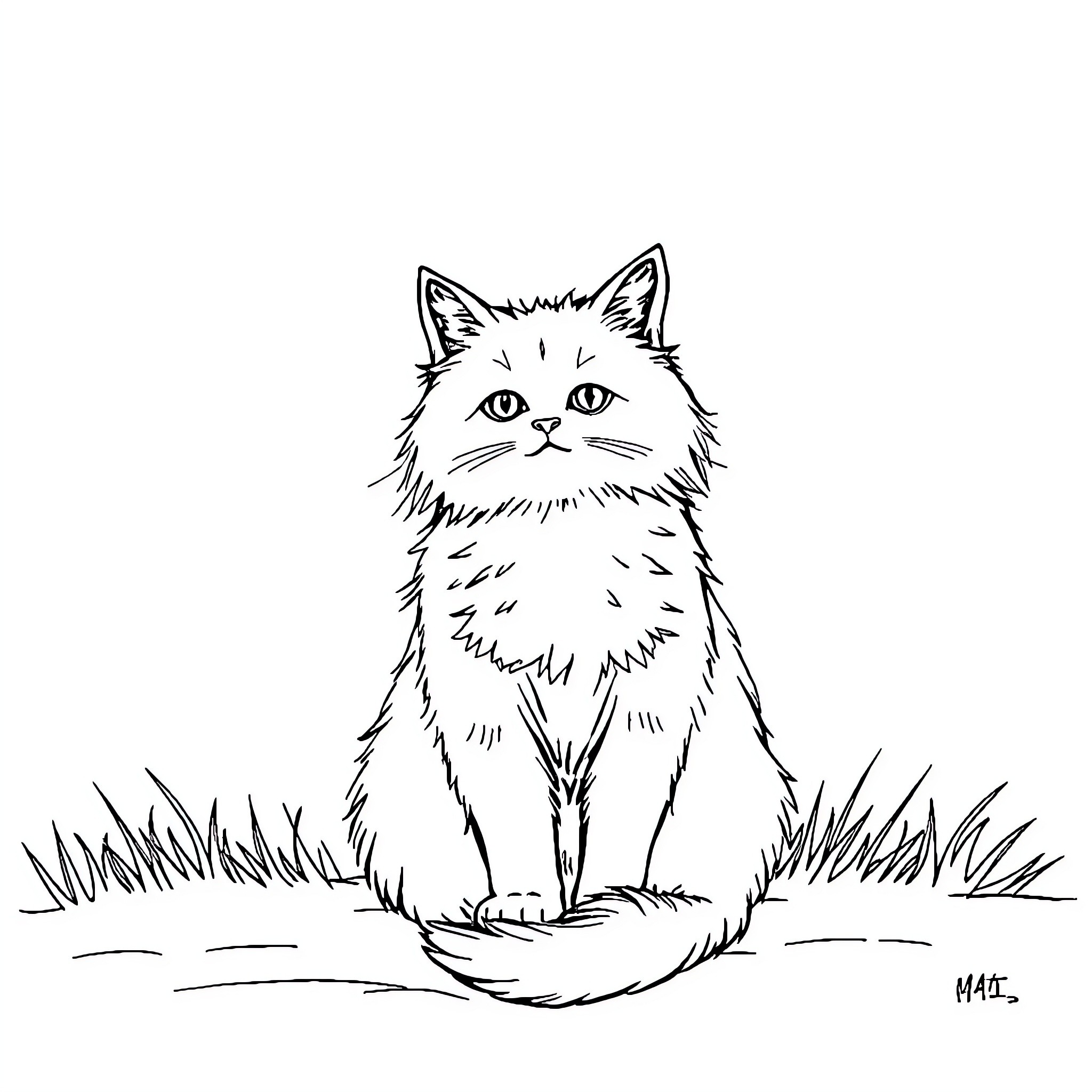 Cat posing in grassy field Coloring Page (free black-and-white line drawing printable PDF for all, from beginners to advanced learners, including children, teens, adults, and seniors)