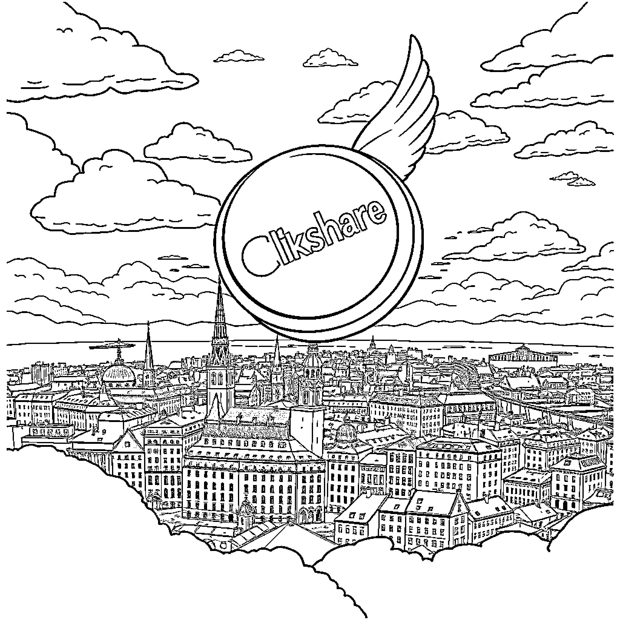 Clickshare Soaring Over Cityscape Coloring Page (free black-and-white line drawing printable PDF for all, from beginners to advanced learners, including children, teens, adults, and seniors)
