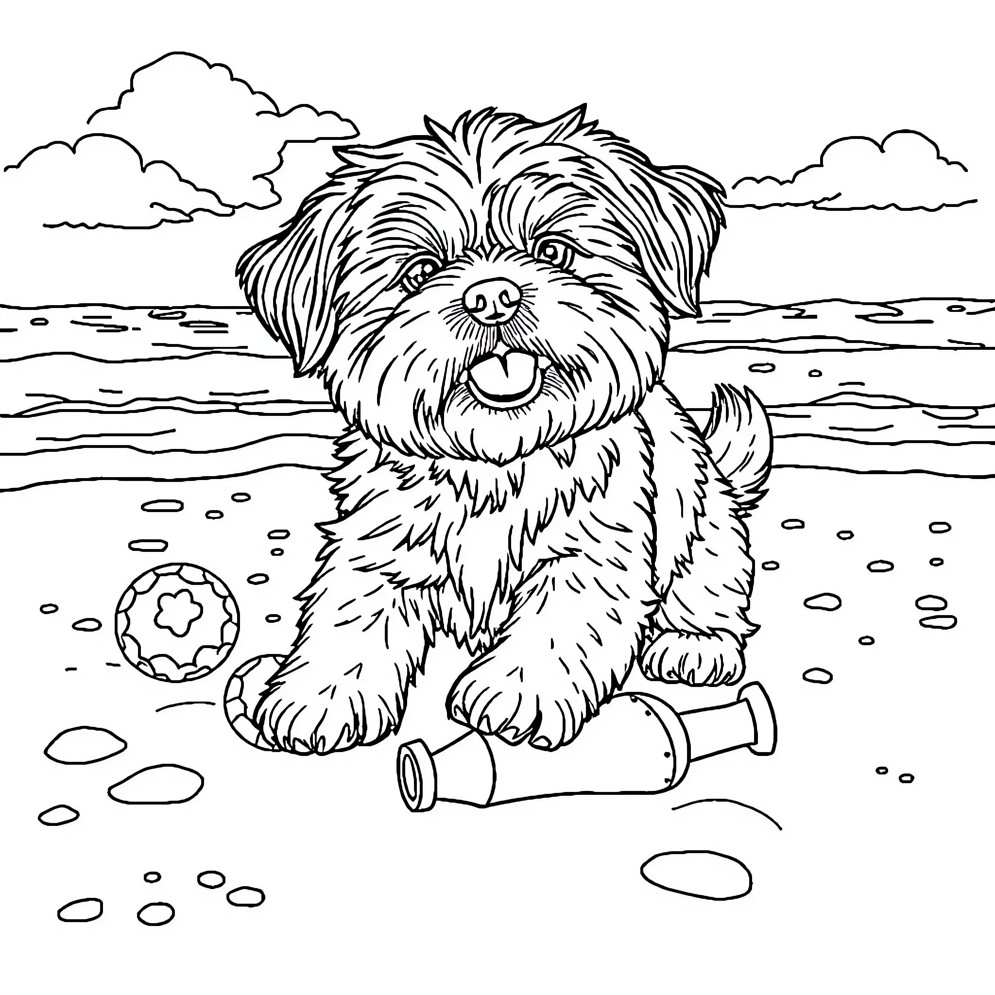 Shih Tzu playing happily on the beach Coloring Page (free black-and-white line drawing printable PDF for all, from beginners to advanced learners, including children, teens, adults, and seniors)