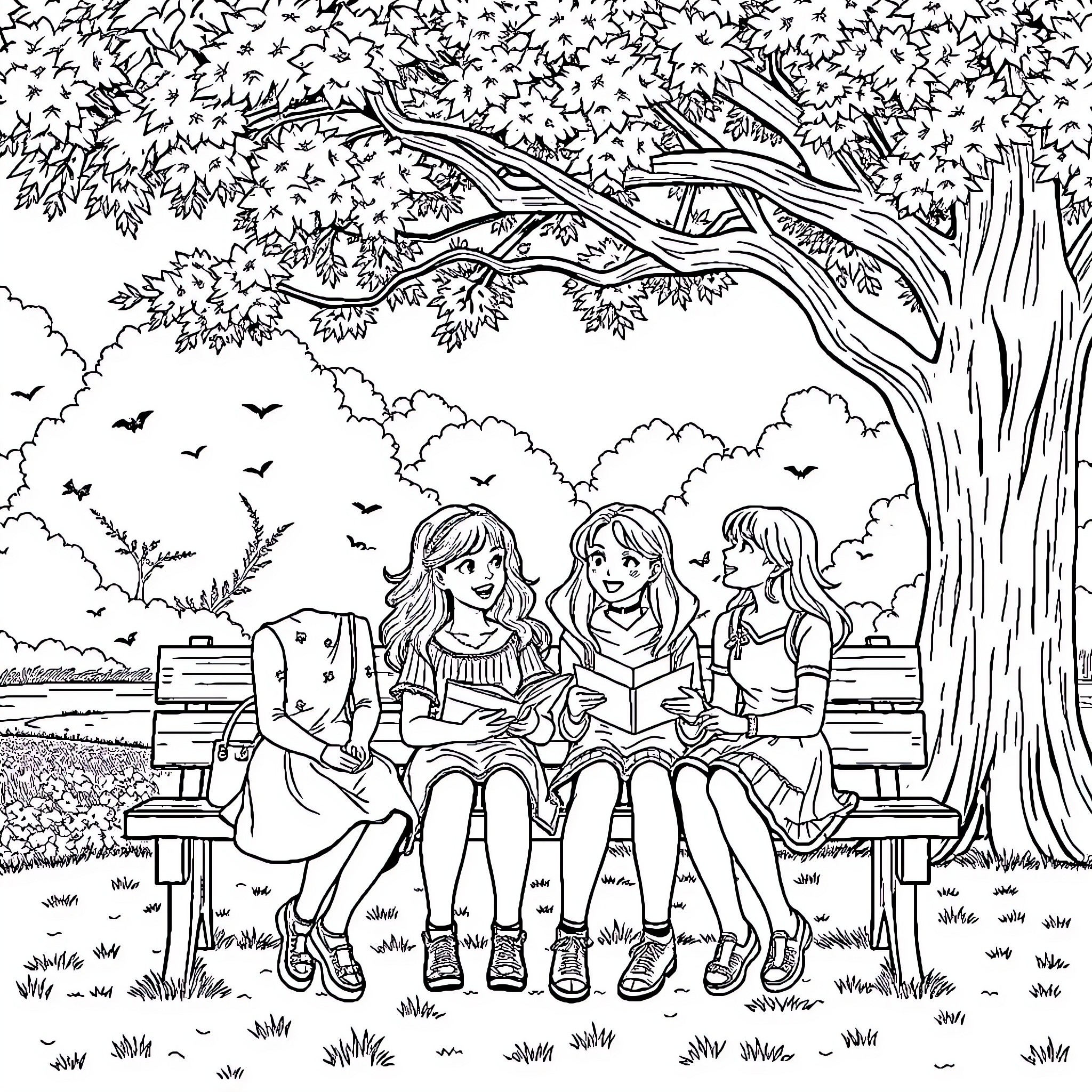 Girl Enjoying Outdoor Moment with Friends Coloring Page (free black-and-white line drawing printable PDF for all, from beginners to advanced learners, including children, teens, adults, and seniors)