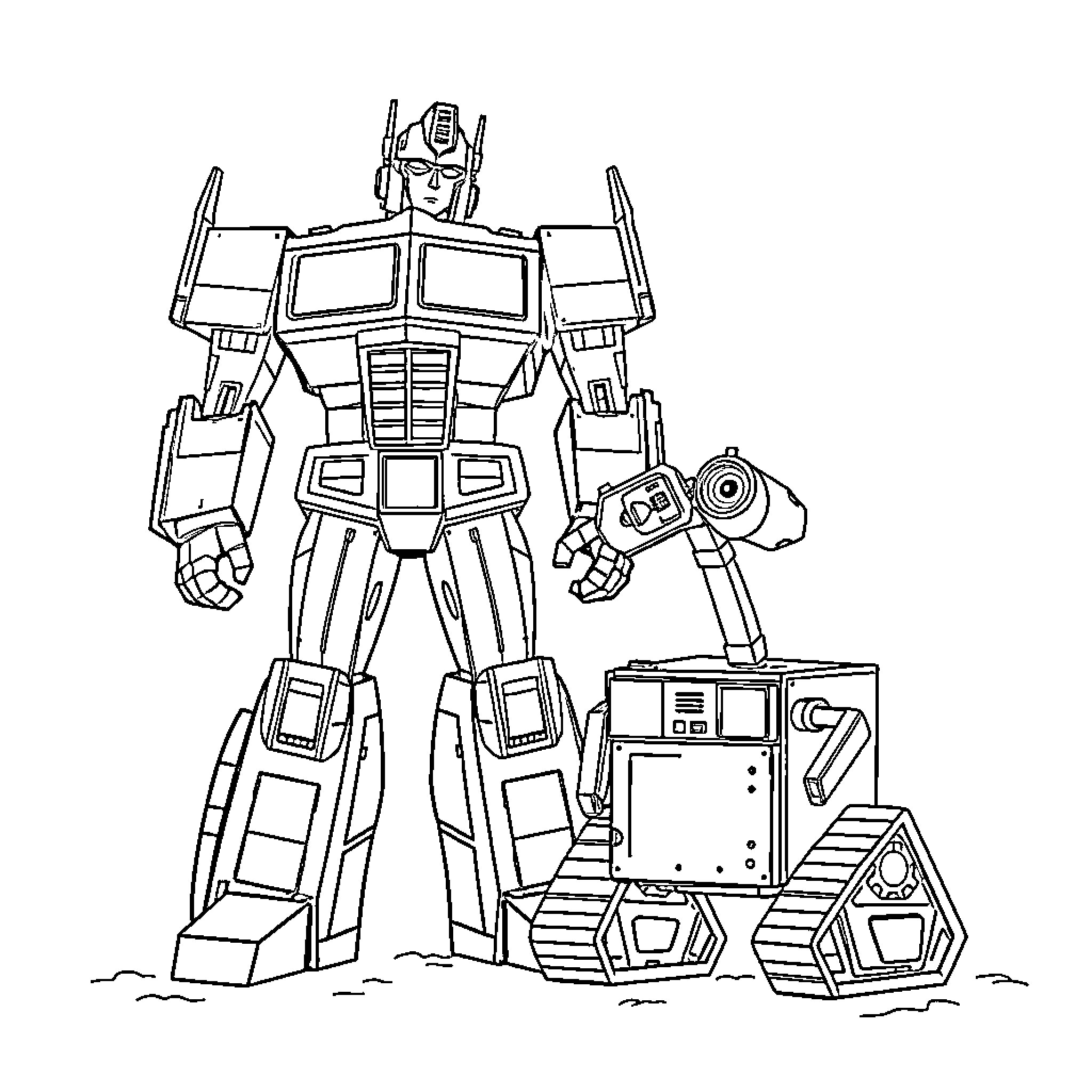 Robot warrior with armored vehicle and weapons Coloring Page (free black-and-white line drawing printable PDF for all, from beginners to advanced learners, including children, teens, adults, and seniors)