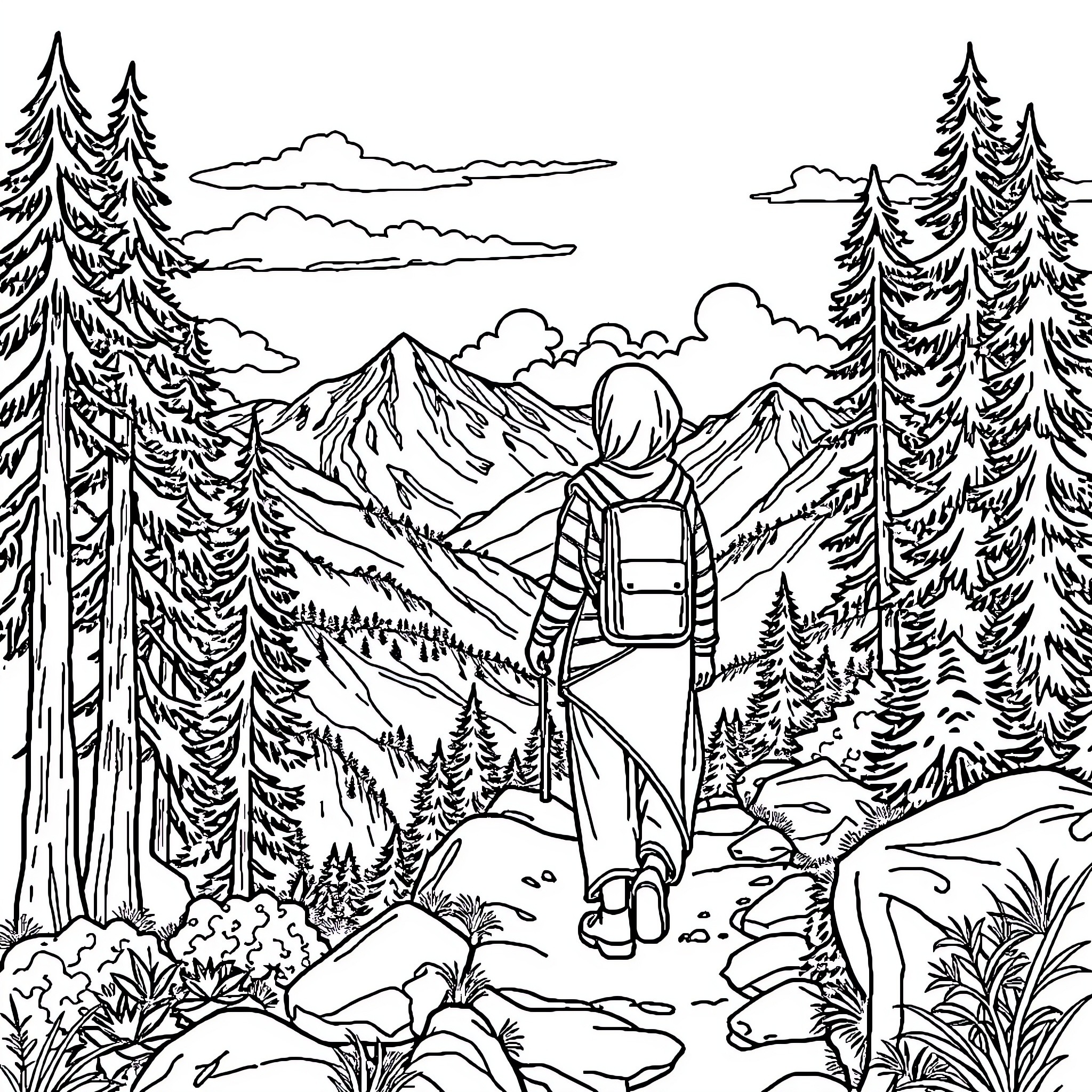 Girl exploring scenic mountain landscape Coloring Page (free black-and-white line drawing printable PDF for all, from beginners to advanced learners, including children, teens, adults, and seniors)