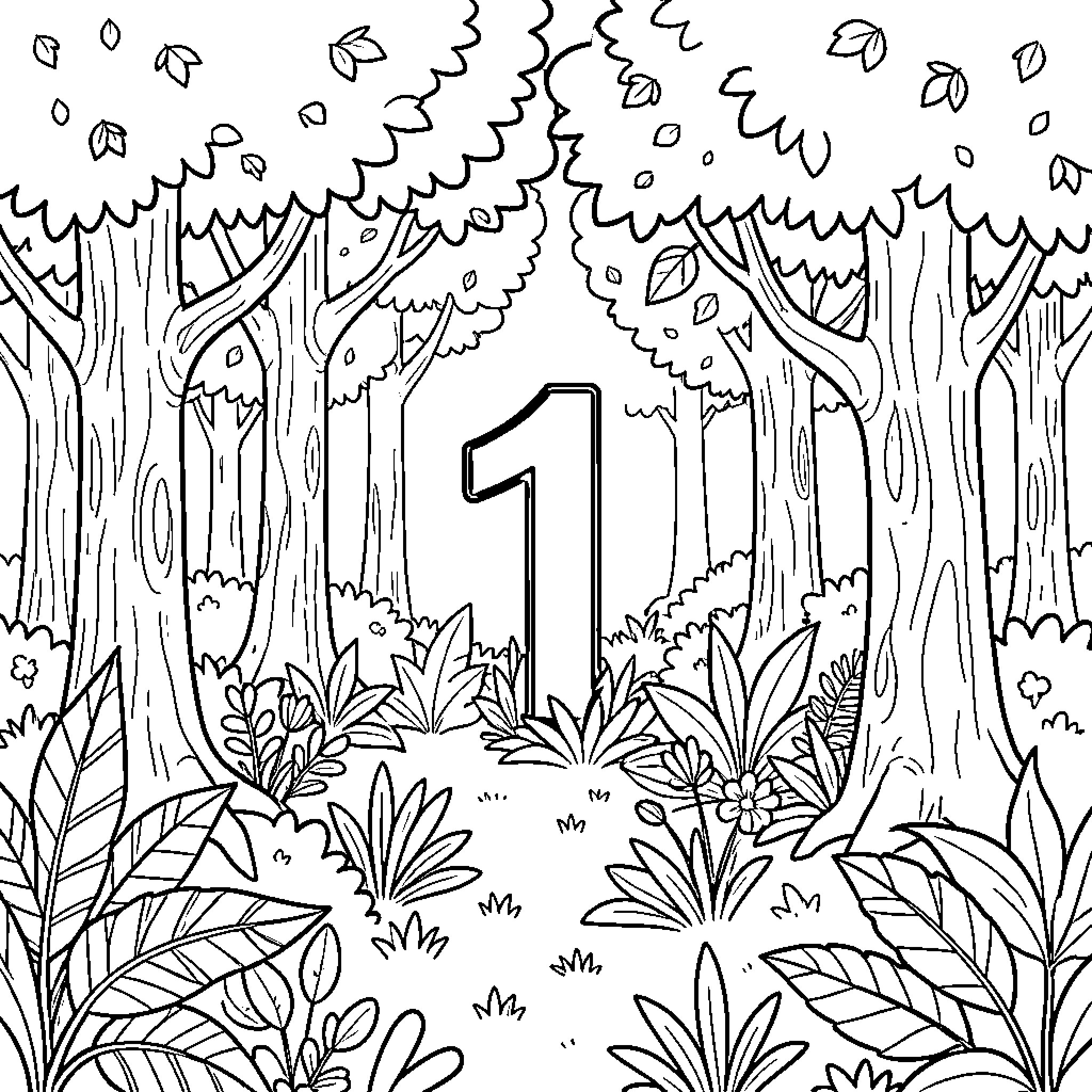 Número 1 in the Enchanted Forest Coloring Page (free black-and-white line drawing printable PDF for all, from beginners to advanced learners, including children, teens, adults, and seniors)