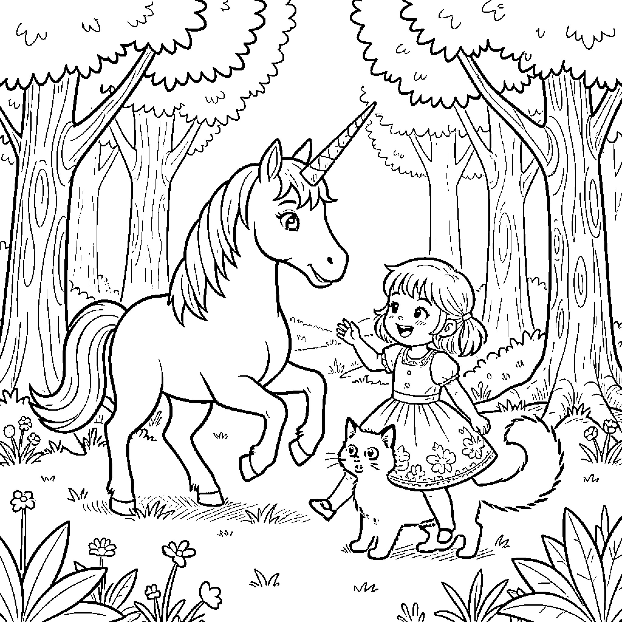 Unicorn and Girl in Enchanted Forest Coloring Page (free black-and-white line drawing printable PDF for all, from beginners to advanced learners, including children, teens, adults, and seniors)