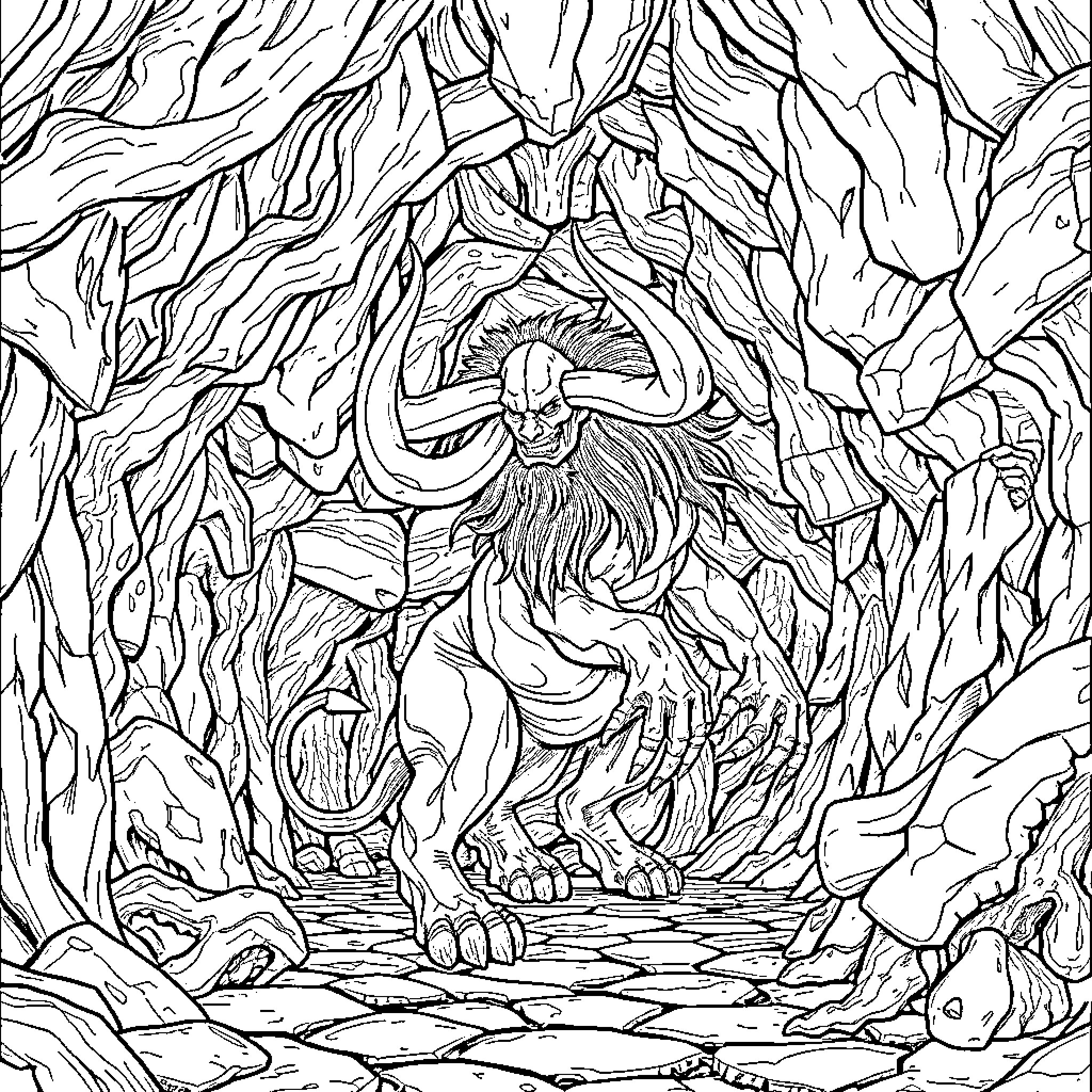 Minotaur emerging from the mythical labyrinth Coloring Page (free black-and-white line drawing printable PDF for all, from beginners to advanced learners, including children, teens, adults, and seniors)