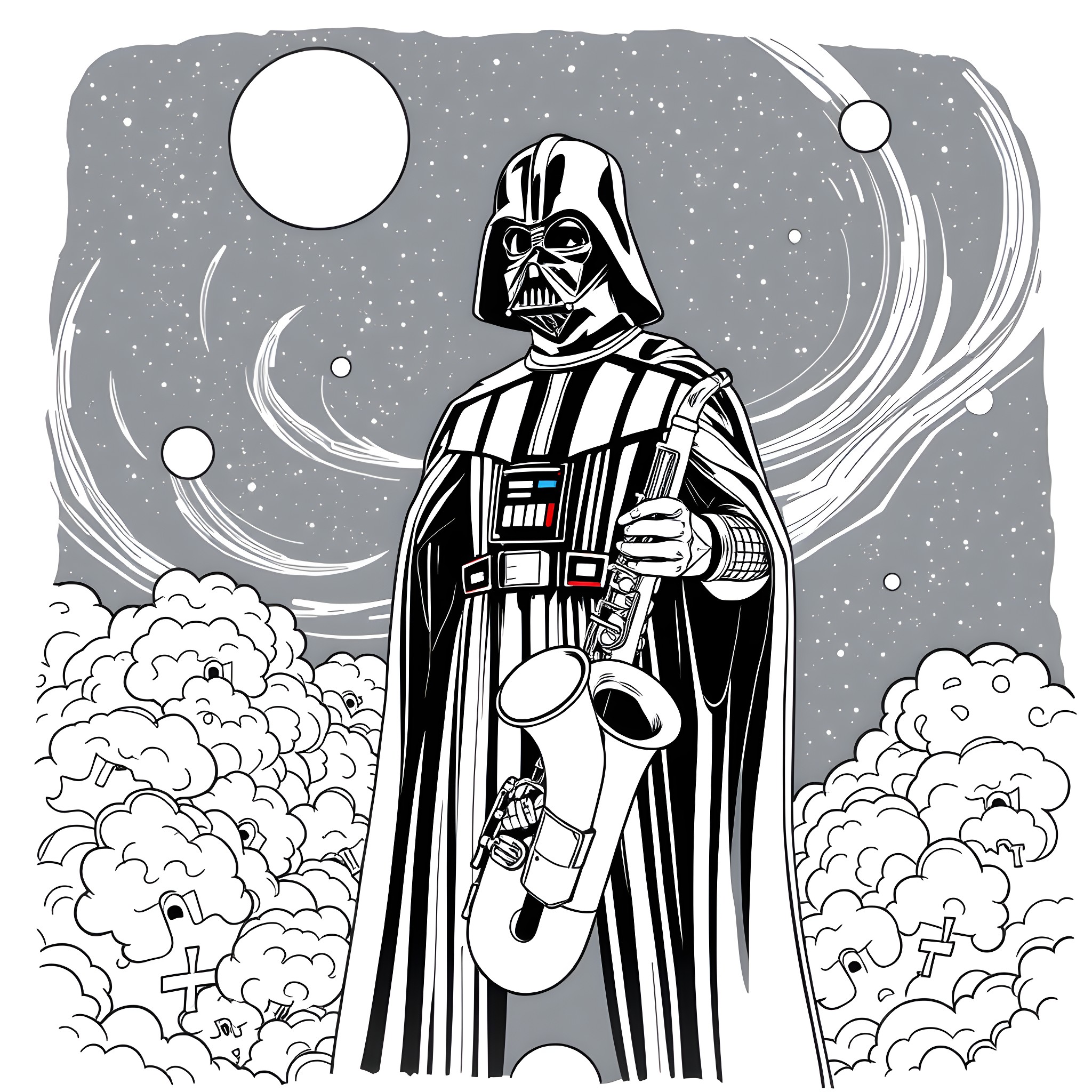 Darth Vader commands the forces of the Empire in the galaxy Coloring Page (free black-and-white line drawing printable PDF for all, from beginners to advanced learners, including children, teens, adults, and seniors)