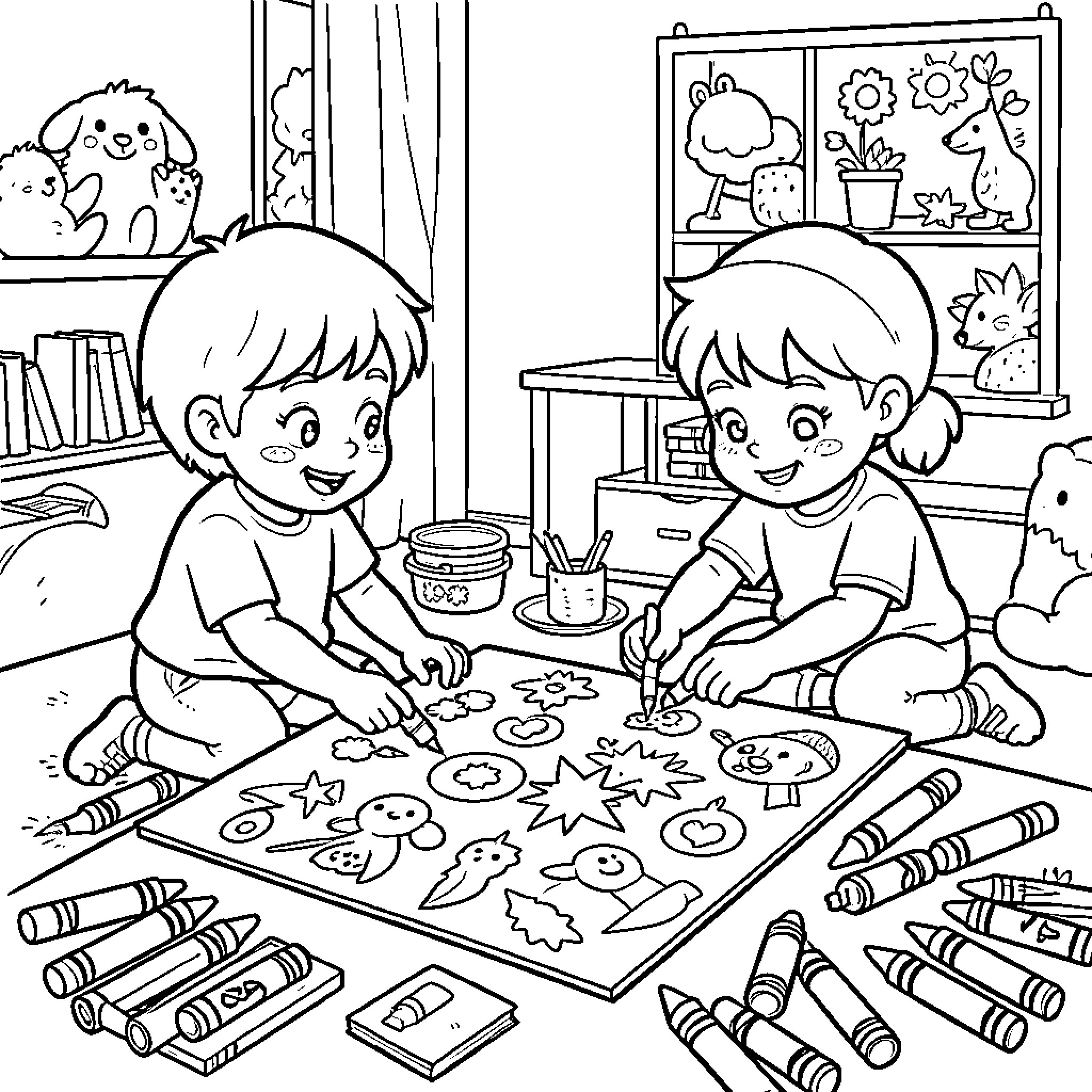 Sprunks children sitting on floor drawing cute characters Coloring Page (free black-and-white line drawing printable PDF for all, from beginners to advanced learners, including children, teens, adults, and seniors)