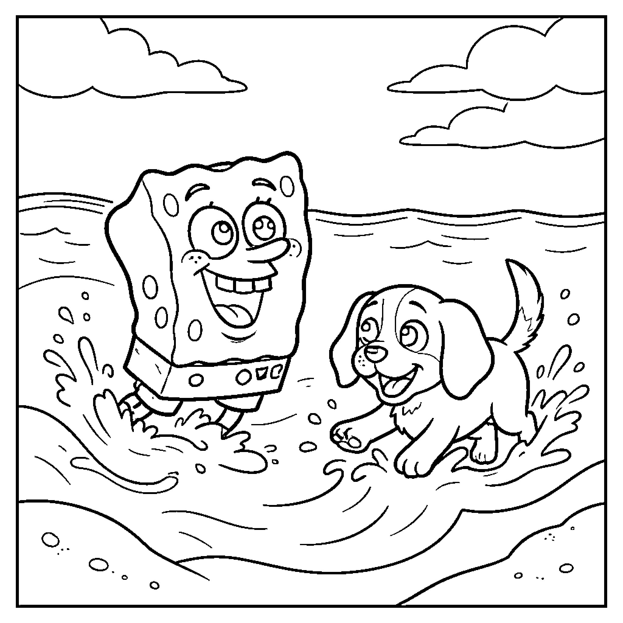 Bob l'éponge and his friend playing in the ocean Coloring Page (free black-and-white line drawing printable PDF for all, from beginners to advanced learners, including children, teens, adults, and seniors)