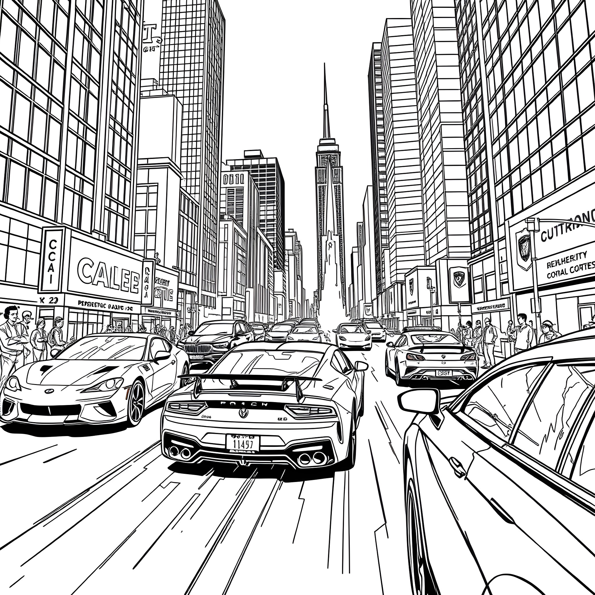 Car-filled city street with towering skyscrapers Coloring Page (free black-and-white line drawing printable PDF for all, from beginners to advanced learners, including children, teens, adults, and seniors)