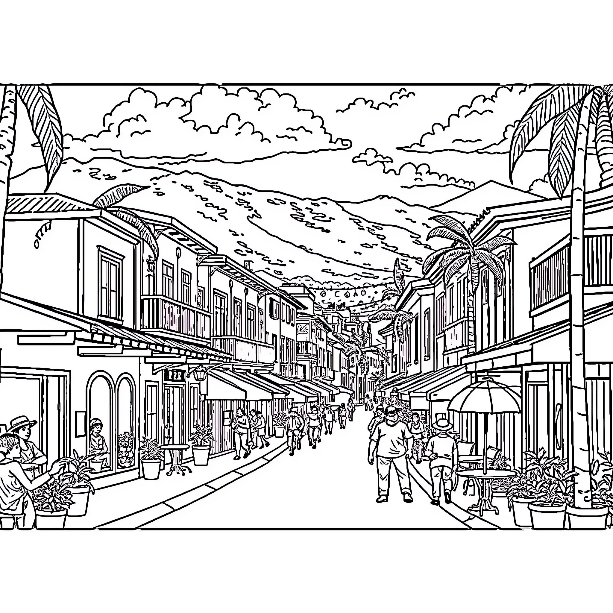 Carupano street scene with bustling activity Coloring Page (free black-and-white line drawing printable PDF for all, from beginners to advanced learners, including children, teens, adults, and seniors)