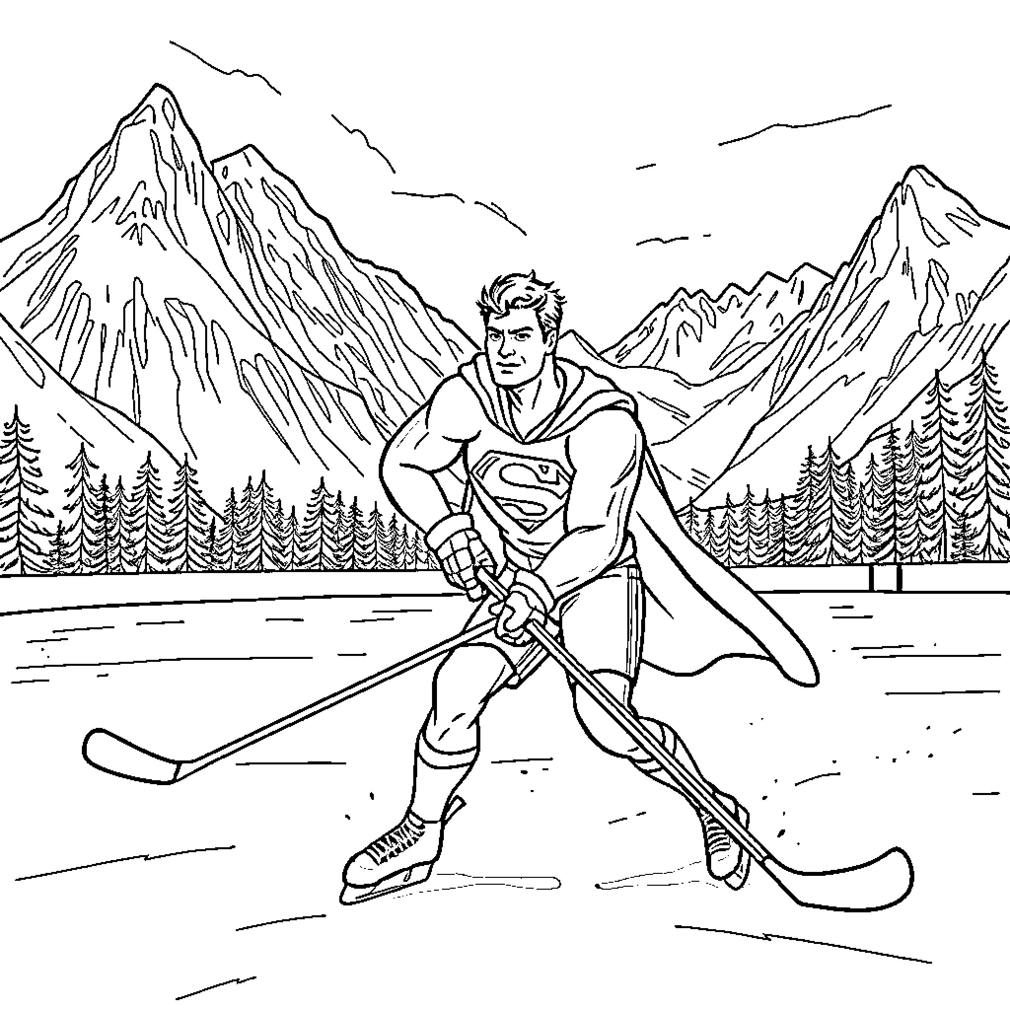 Superman skiing in a snowy mountain landscape Coloring Page (free black-and-white line drawing printable PDF for all, from beginners to advanced learners, including children, teens, adults, and seniors)
