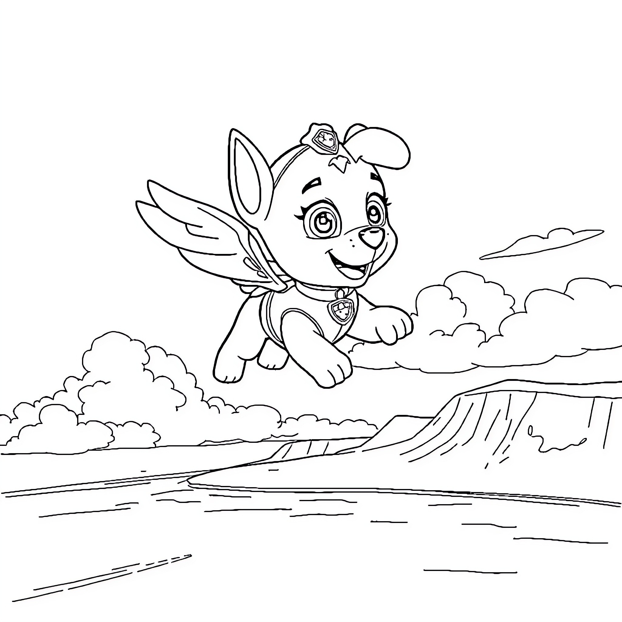 Paw Patrol character soaring through the clouds Coloring Page (free black-and-white line drawing printable PDF for all, from beginners to advanced learners, including children, teens, adults, and seniors)