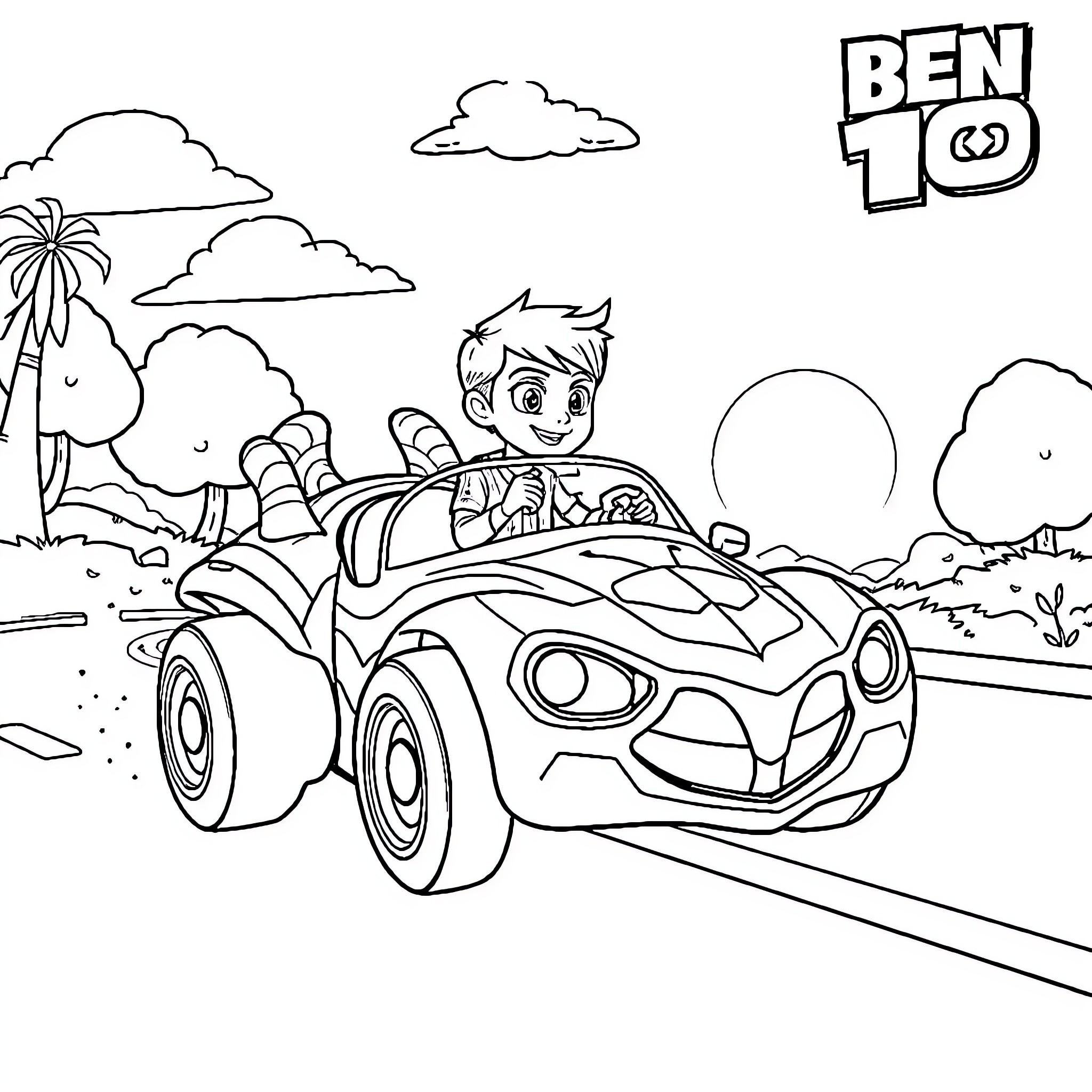 Ben 10 driving a cool car in the desert Coloring Page (free black-and-white line drawing printable PDF for all, from beginners to advanced learners, including children, teens, adults, and seniors)