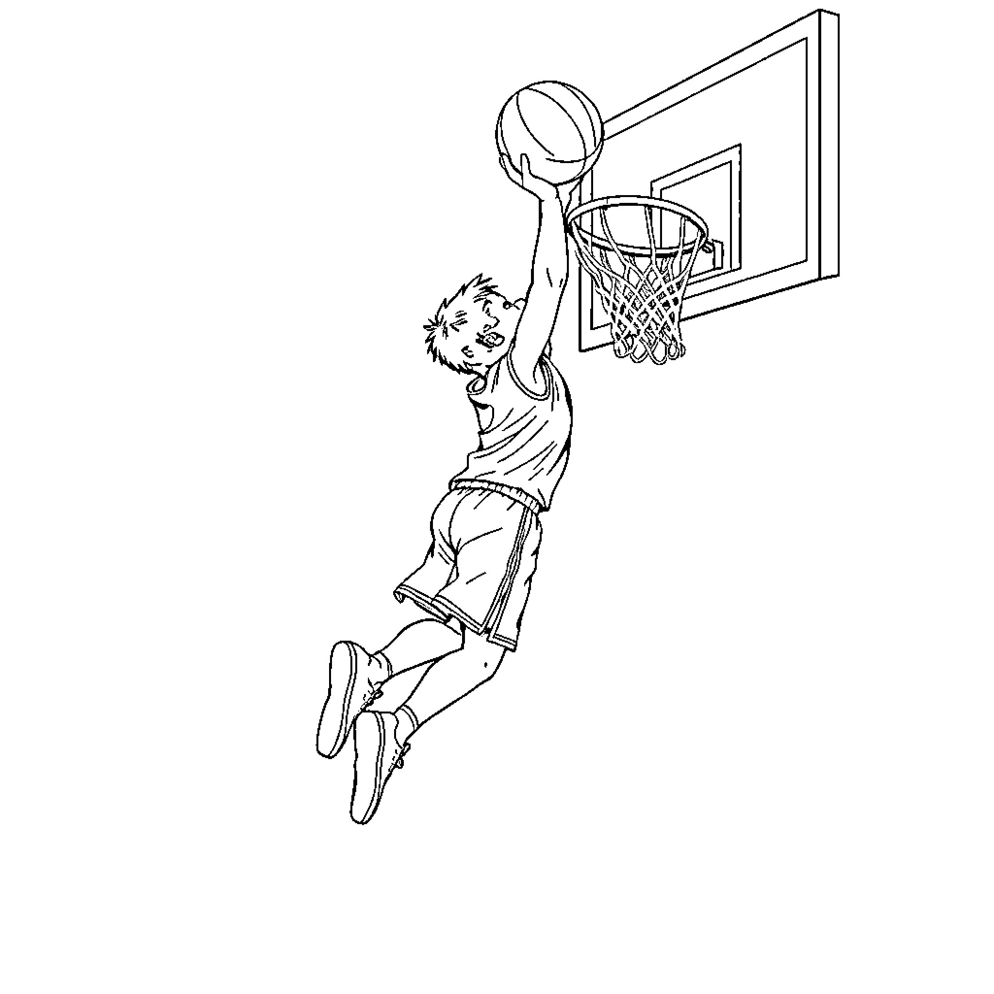 Boy jumping to score a basketball shot Coloring Page (free black-and-white line drawing printable PDF for all, from beginners to advanced learners, including children, teens, adults, and seniors)