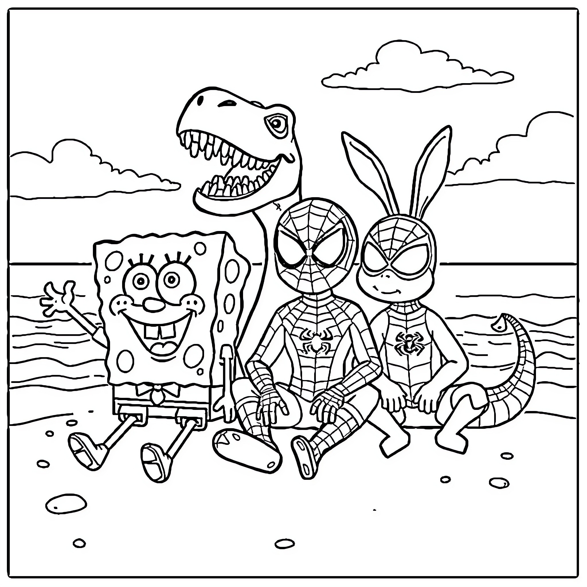 Dinosaur friends with Superheroes at the beach Coloring Page (free black-and-white line drawing printable PDF for all, from beginners to advanced learners, including children, teens, adults, and seniors)