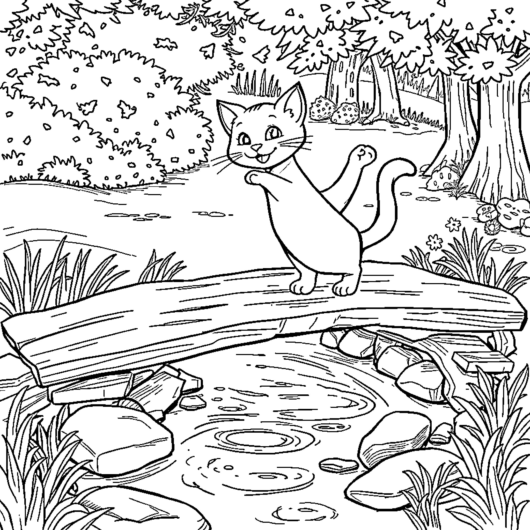 Cat exploring a tranquil forest stream Coloring Page (free black-and-white line drawing printable PDF for all, from beginners to advanced learners, including children, teens, adults, and seniors)