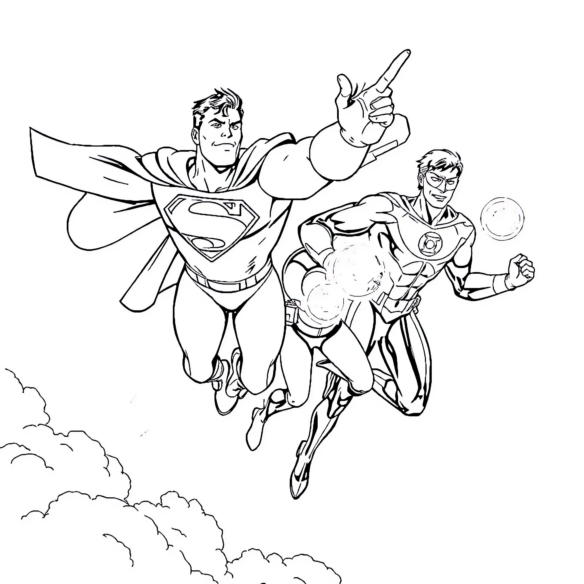 Superman heroically flying with Green Lantern Coloring Page (free black-and-white line drawing printable PDF for all, from beginners to advanced learners, including children, teens, adults, and seniors)