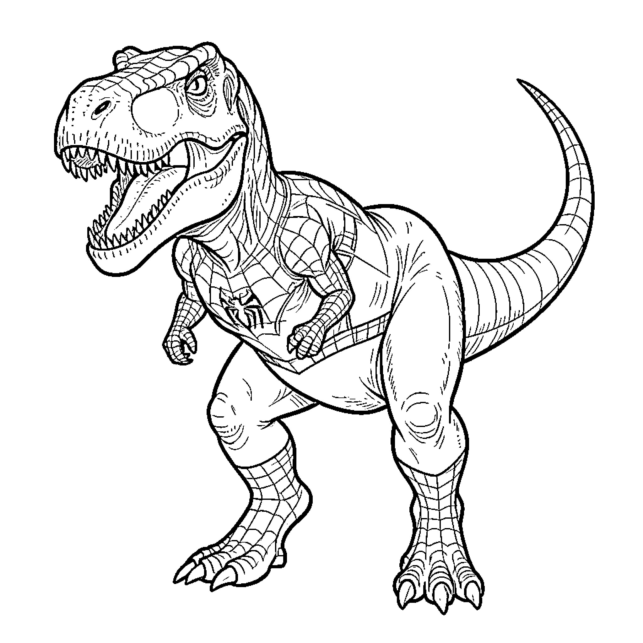 T-Rex roaring with its mouth wide open Coloring Page (free black-and-white line drawing printable PDF for all, from beginners to advanced learners, including children, teens, adults, and seniors)