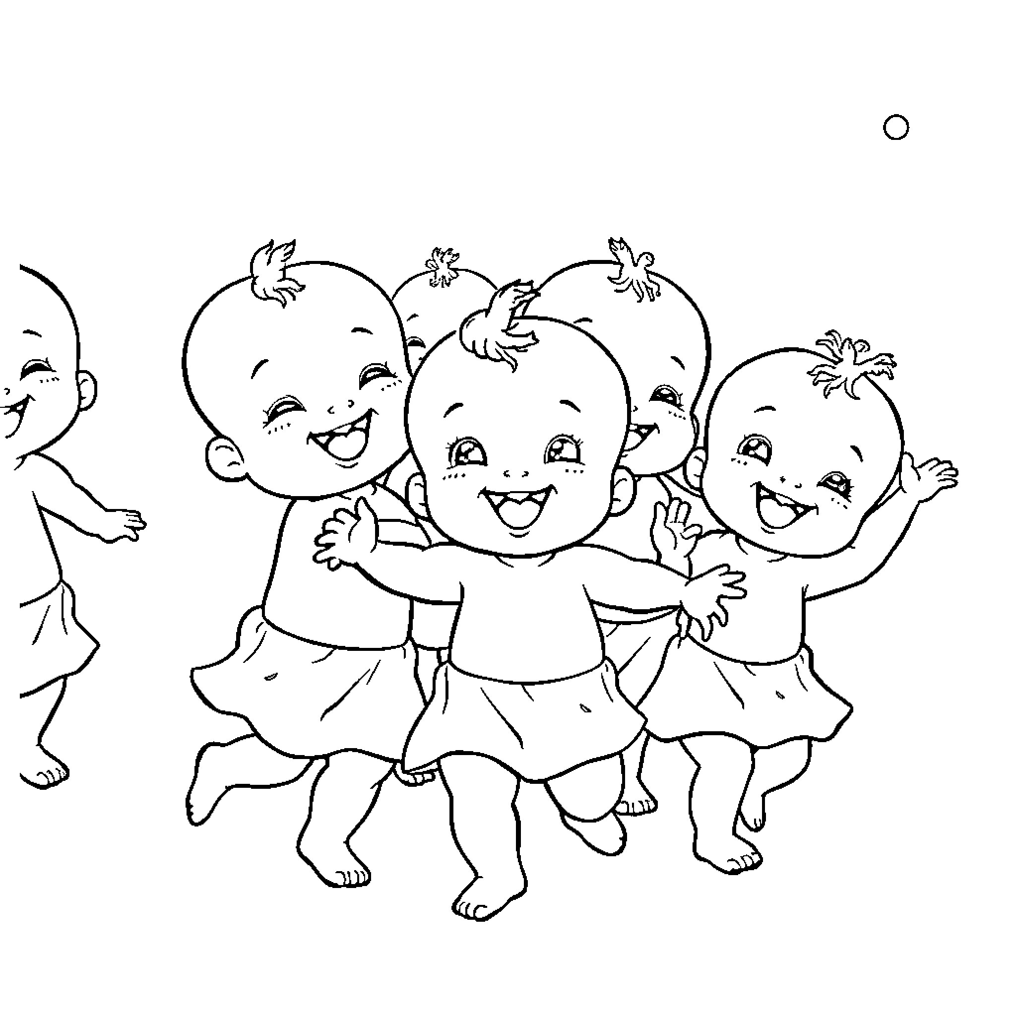 Baby dolls dancing happily together Coloring Page (free black-and-white line drawing printable PDF for all, from beginners to advanced learners, including children, teens, adults, and seniors)