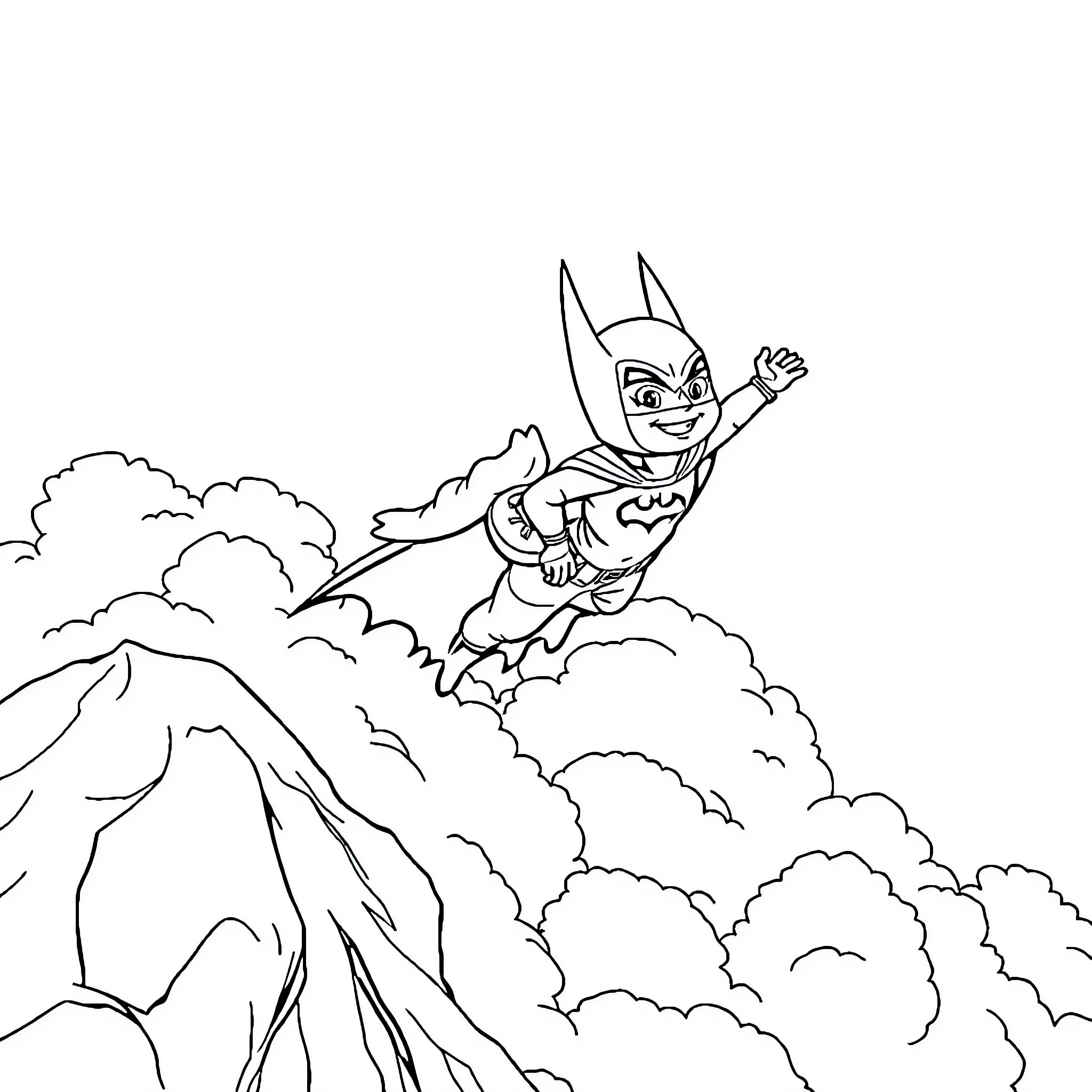 Lilo and Batman soaring through the clouds Coloring Page (free black-and-white line drawing printable PDF for all, from beginners to advanced learners, including children, teens, adults, and seniors)
