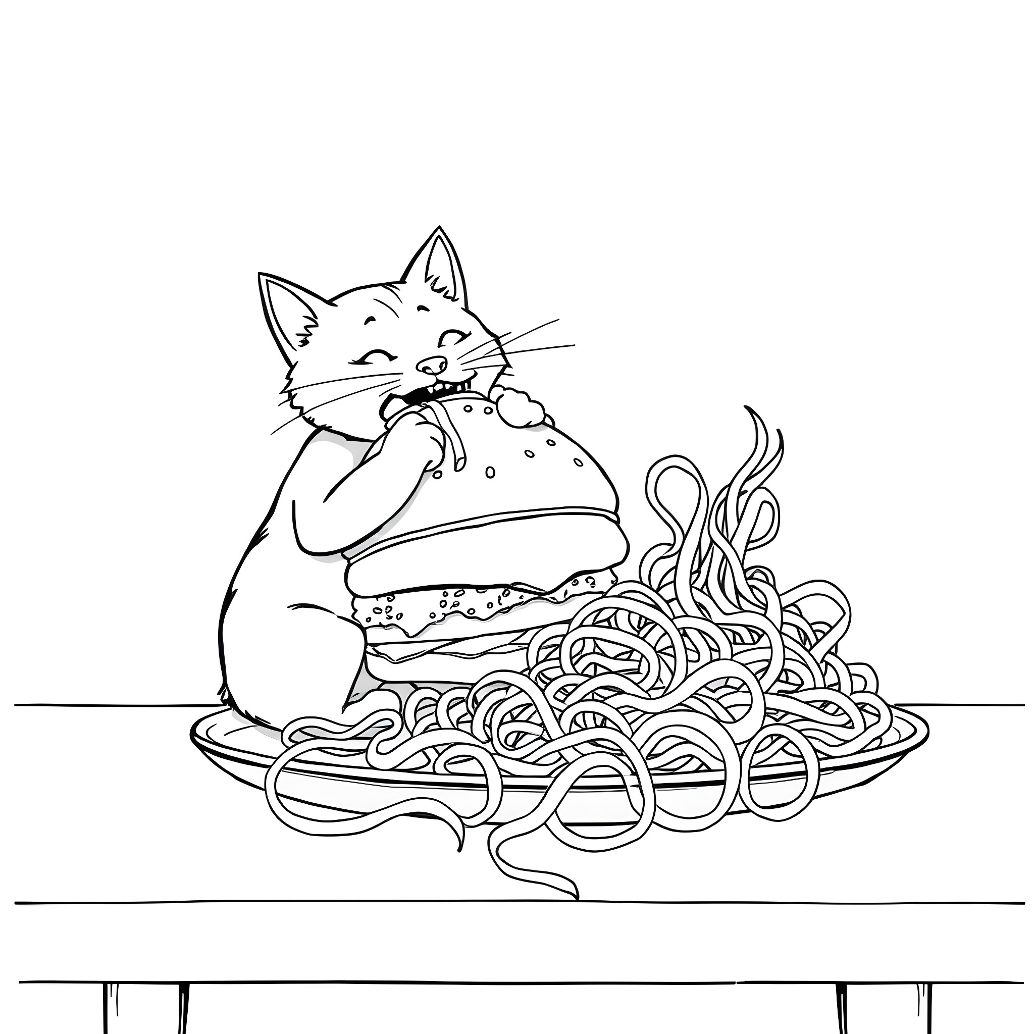 Cat enjoying a tasty pasta dish Coloring Page (free black-and-white line drawing printable PDF for all, from beginners to advanced learners, including children, teens, adults, and seniors)