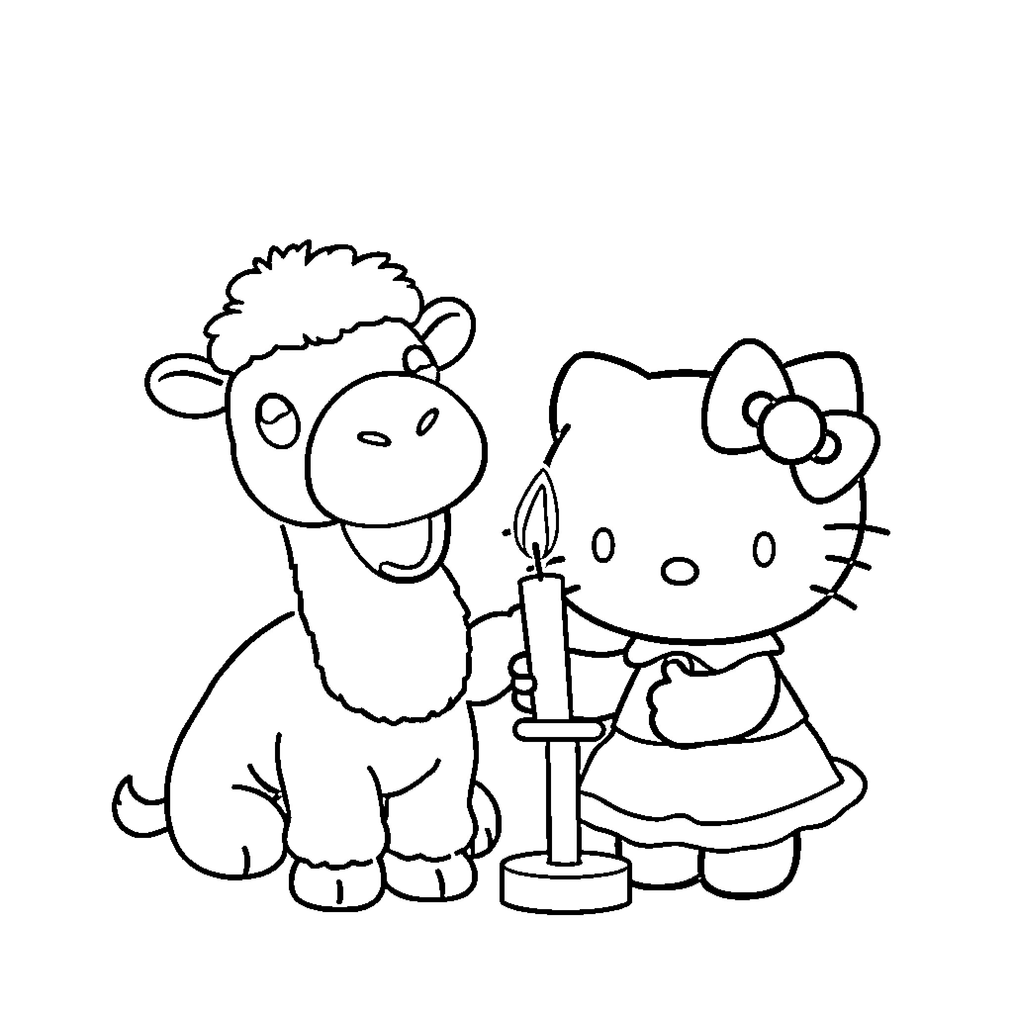 Hello Kitty and Lamb Enjoying Storytime Together Coloring Page (free black-and-white line drawing printable PDF for all, from beginners to advanced learners, including children, teens, adults, and seniors)