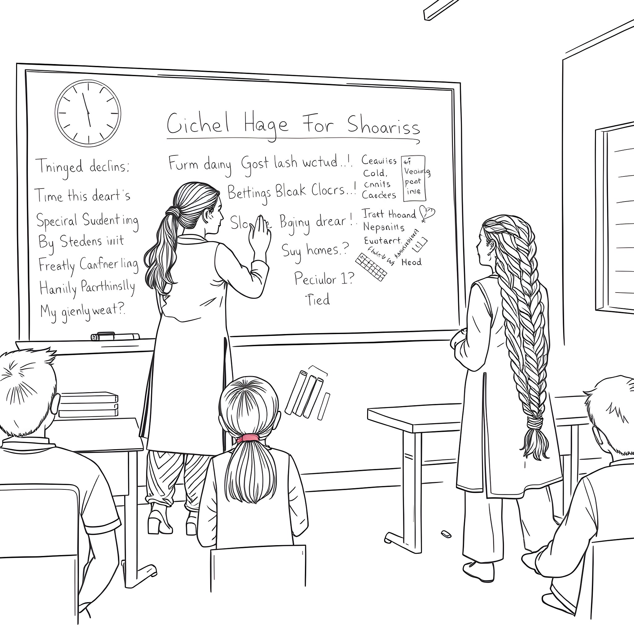 Teacher's Lesson on the Whiteboard for Students Coloring Page (free black-and-white line drawing printable PDF for all, from beginners to advanced learners, including children, teens, adults, and seniors)