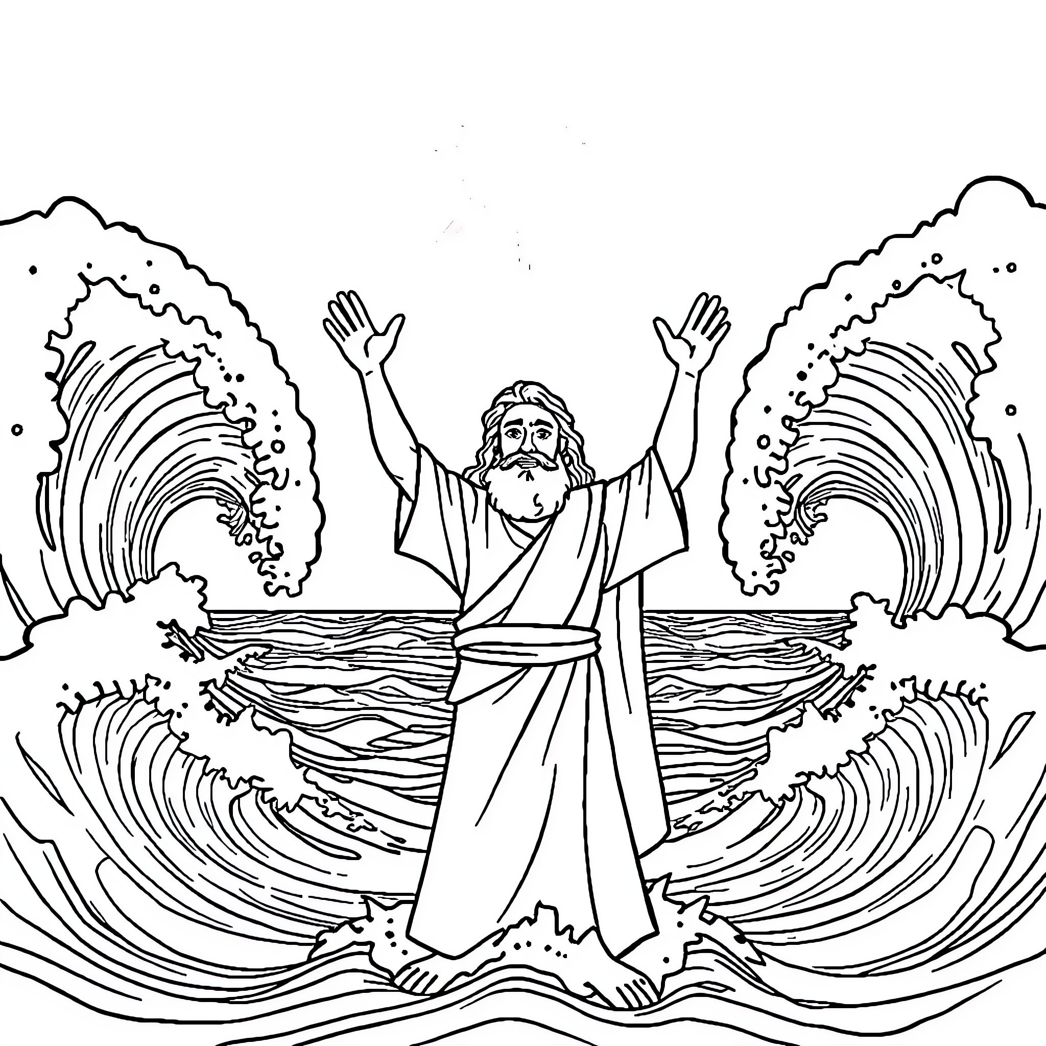 Moses Parting the Red Sea with Outstretched Arms Coloring Page (free black-and-white line drawing printable PDF for all, from beginners to advanced learners, including children, teens, adults, and seniors)