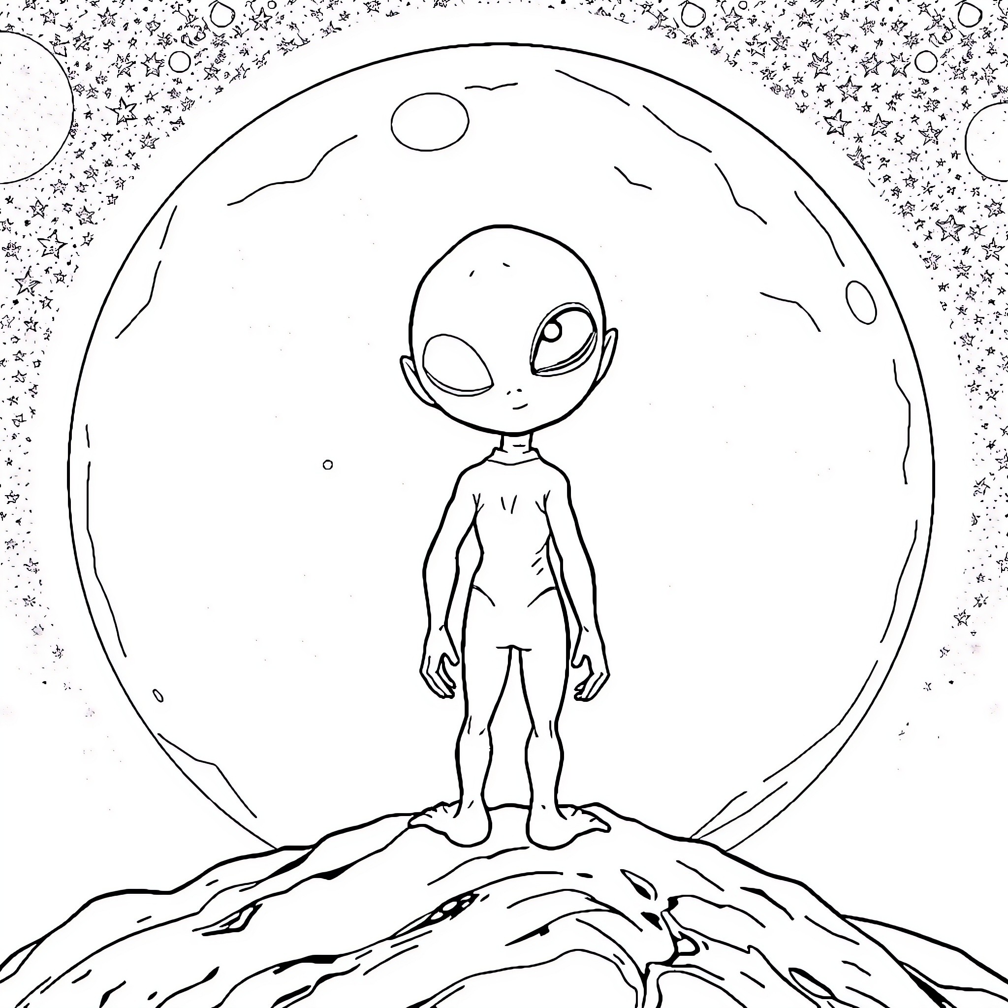 Teen Alien exploring the cosmic landscape Coloring Page (free black-and-white line drawing printable PDF for all, from beginners to advanced learners, including children, teens, adults, and seniors)