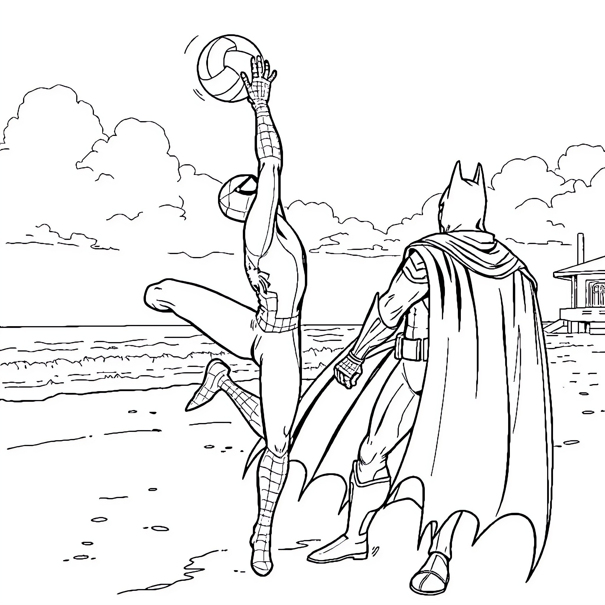 Spiderman swinging through the city with Batman Coloring Page (free black-and-white line drawing printable PDF for all, from beginners to advanced learners, including children, teens, adults, and seniors)