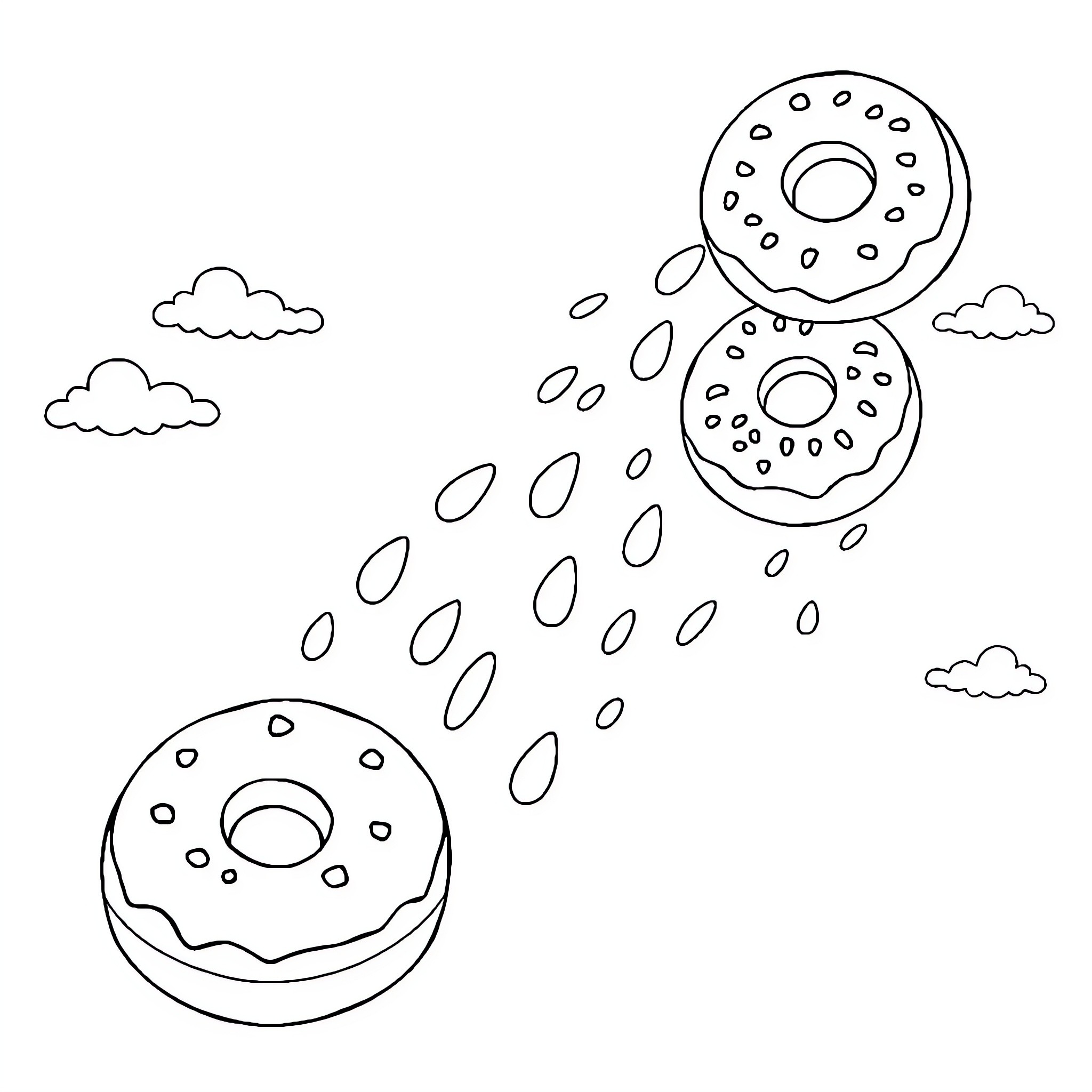 Donut falling with raindrops in the sky Coloring Page (free black-and-white line drawing printable PDF for all, from beginners to advanced learners, including children, teens, adults, and seniors)