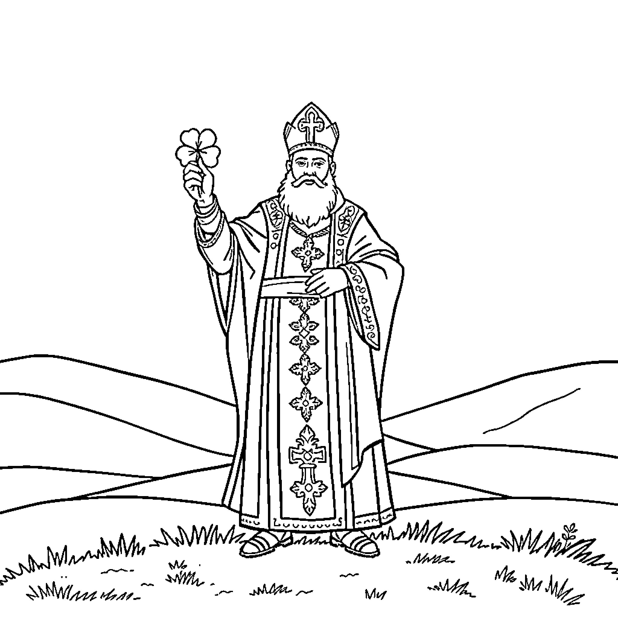 St. Patrick Blessing the Meadow with Religious Attire Coloring Page (free black-and-white line drawing printable PDF for all, from beginners to advanced learners, including children, teens, adults, and seniors)