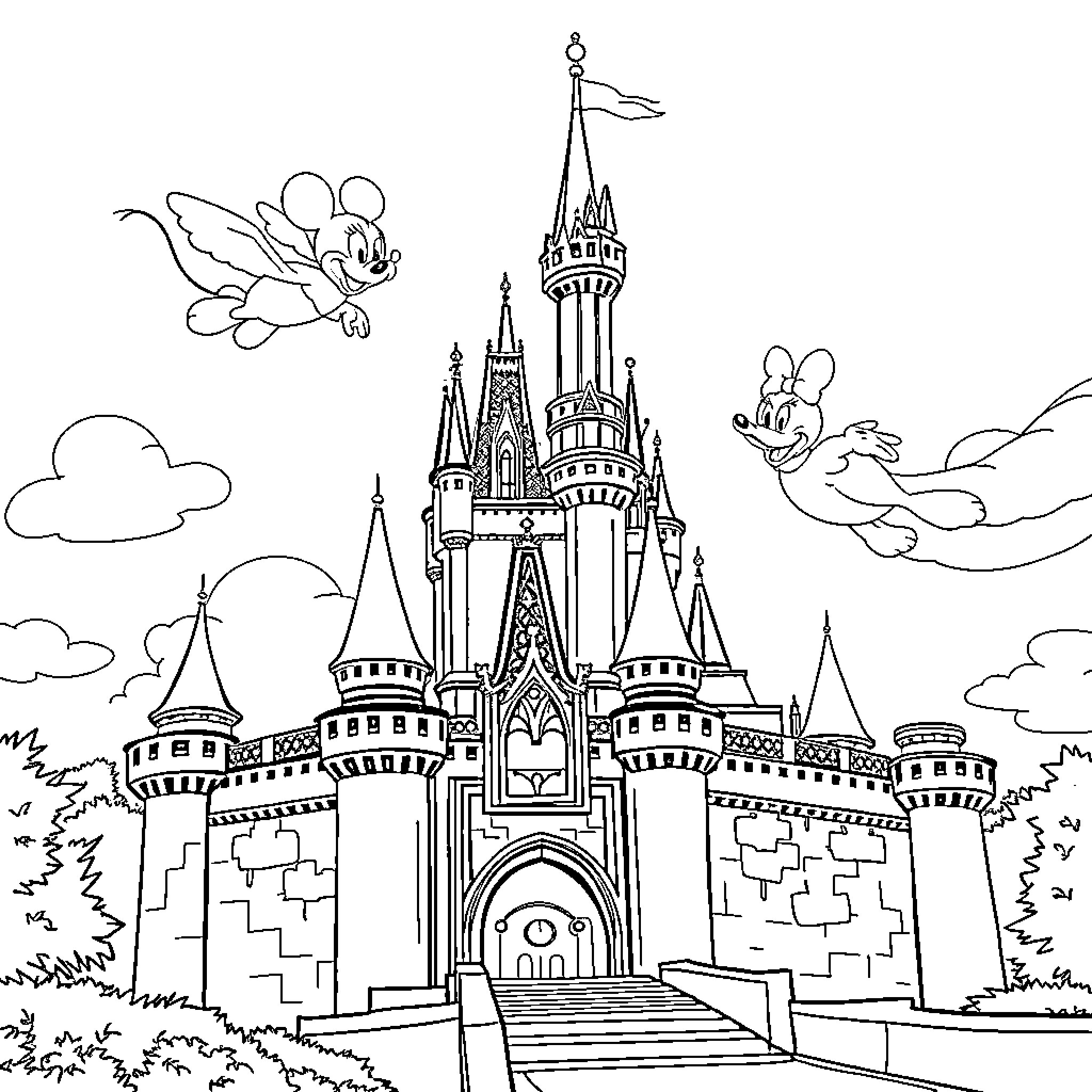 Disney Castle with playful characters in the sky Coloring Page (free black-and-white line drawing printable PDF for all, from beginners to advanced learners, including children, teens, adults, and seniors)